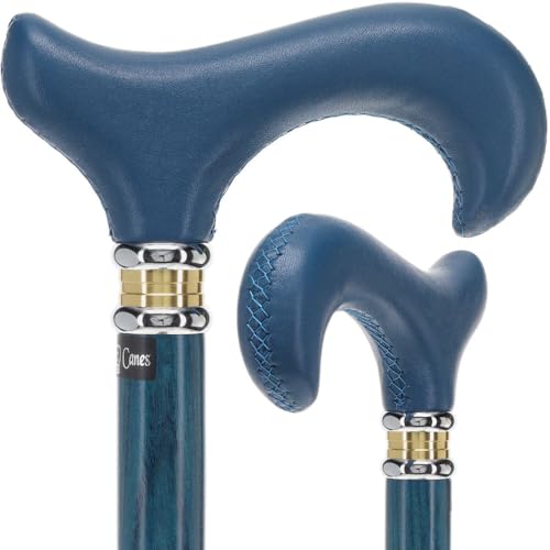 Blue Leather Derby Walking Cane With Blue Stained Ash Wood Shaft