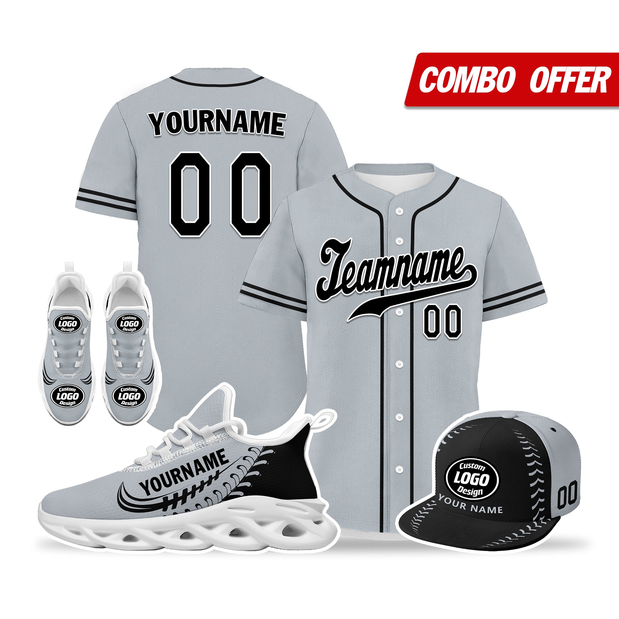 Custom Grey MaxSoul Jersey Shoes & Hat Combo - Personalized Sports Outfit for Men & Women | Perfect for Running, Gym Workouts & Streetwear Fashion