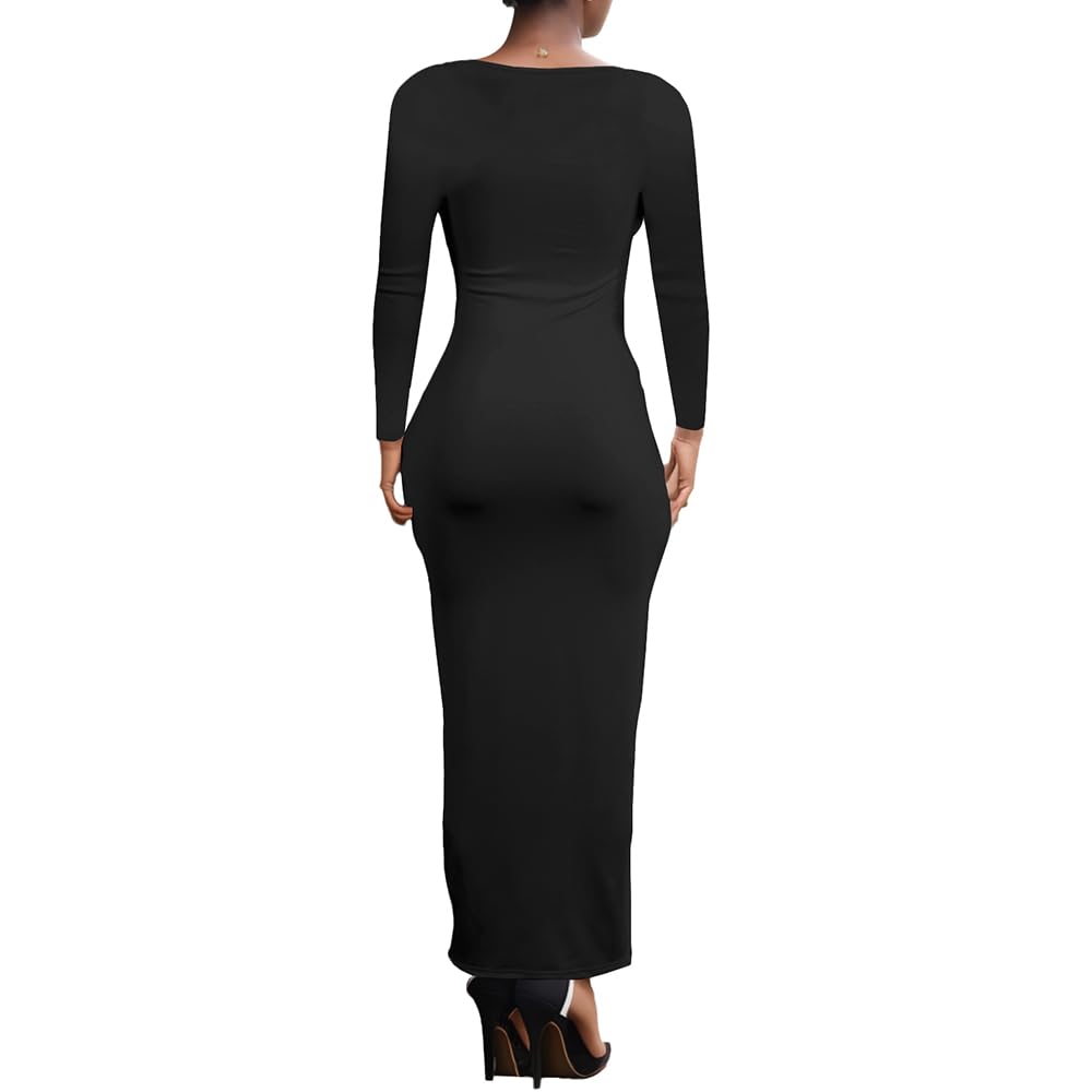 PINSV Women's Bodycon Maxi Dress - Scoop Neck Long Sleeve Wrap Dress for Casual Wear, Party & Date Night | Flattering Stretchy Fabric for Comfort & Style