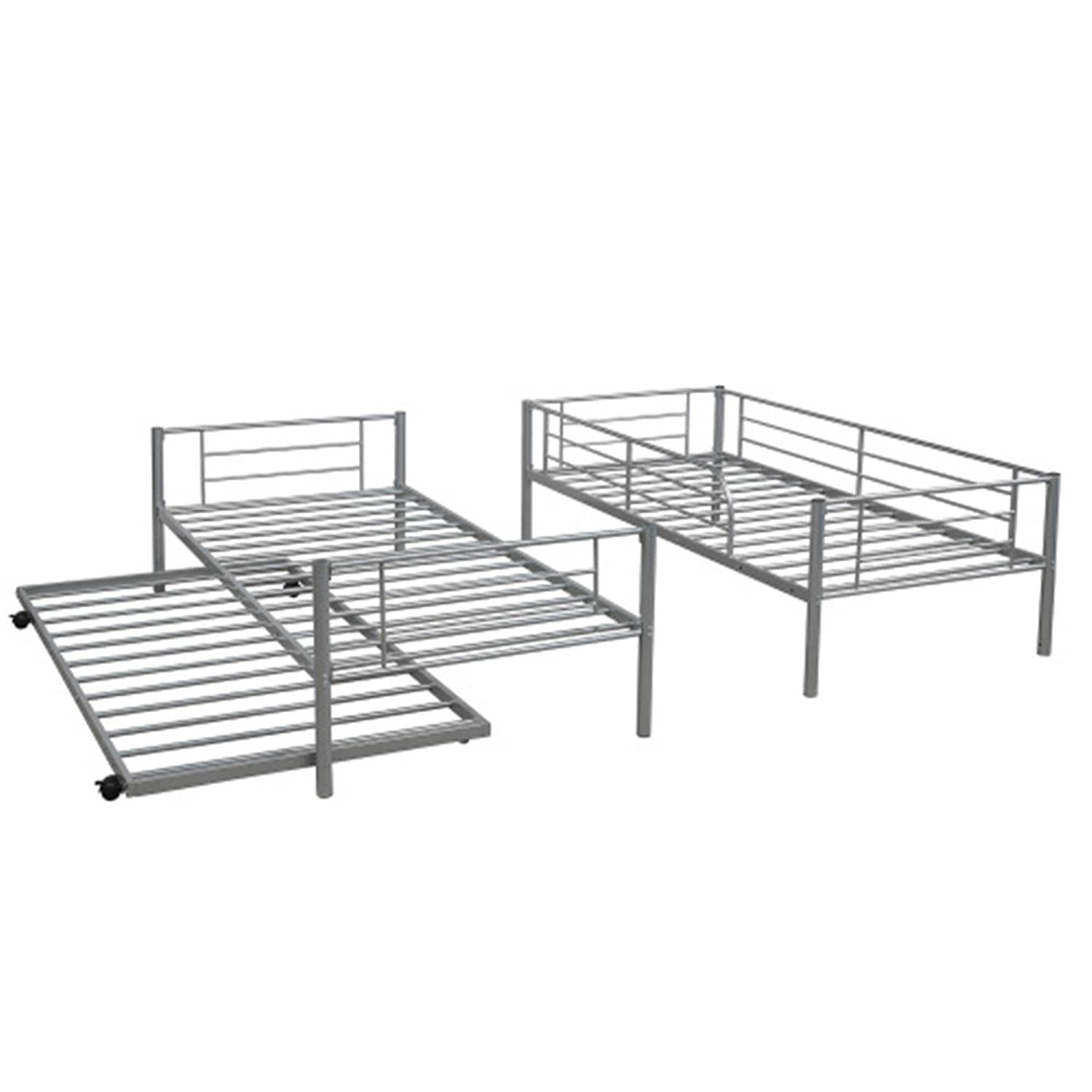 Twin Over Twin Bunk Bed with Trundle - Sturdy Metal Bunk Bed Frame with Ladder & Safety Guardrail for Adults & Teens - No Box Spring Required - Silver - Perfect for Small Bedrooms, Guest Rooms & Vacation Homes