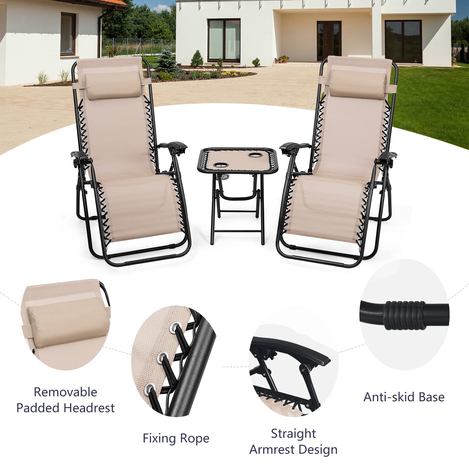**HAPPYGRILL Zero Gravity Lounge Chairs Set with Coffee Table – 3-Piece Adjustable Folding Reclining Chairs for Patio, Lawn, Garden, Camping & Travel – Includes Side Table & Pillow – Perfect for Relaxing Outdoors, Beach, Poolside & Backyard**
