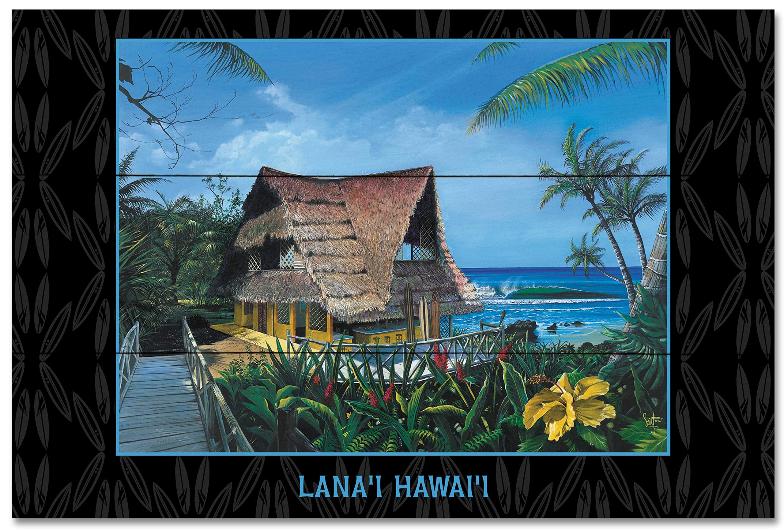 Hawaiian Beach House Wood Art Print - Lana'i Hale Painting by Scott Westmoreland 24x36 Inch - Tropical Wall Decor for Living Room, Bedroom & Office