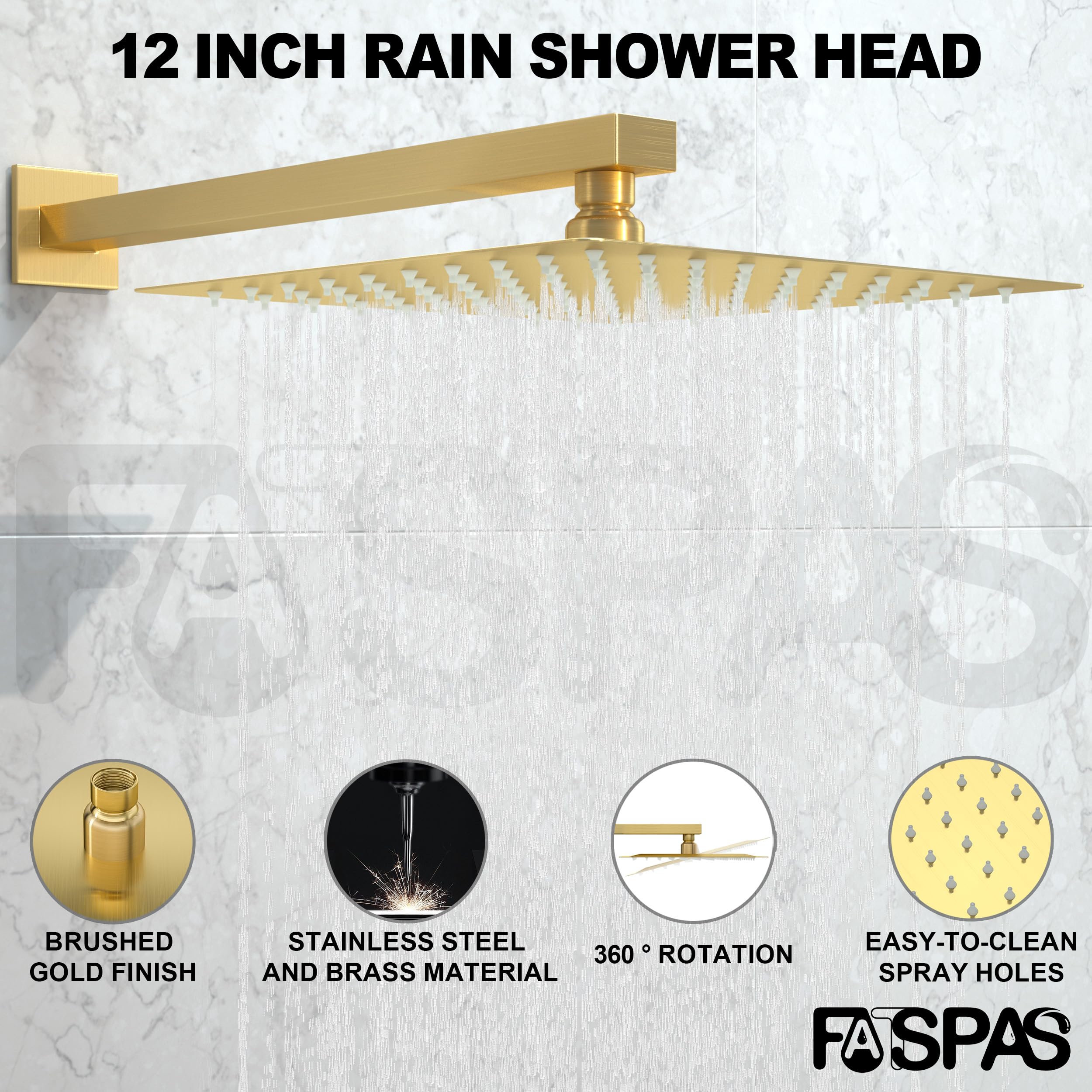 Brushed Gold Shower System with Tub Spout - 12 Inch Rain Shower Head & Handheld Shower Combo - Wall Mounted Bathroom Faucet Set for Luxurious Spa Experience at Home
