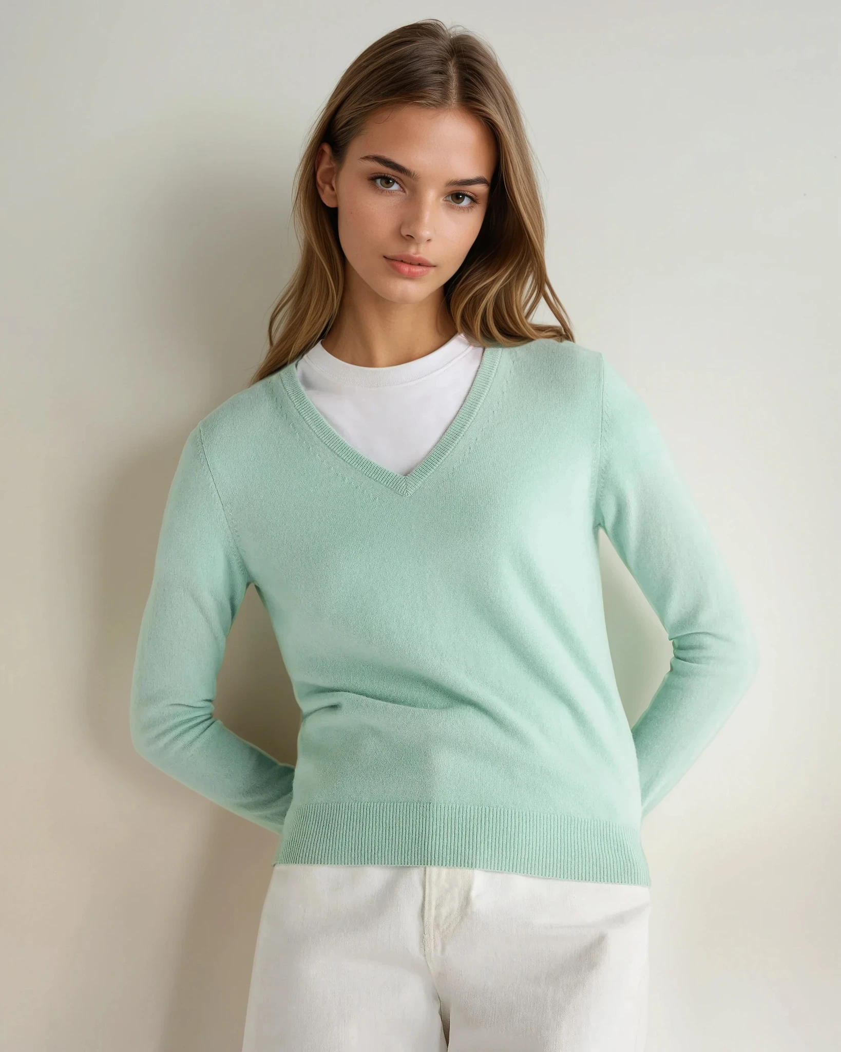 Phoebe V Neck Cashmere Sweater for Women - Soft Dusty Teal Green Pullover | Cozy Winter Wear & Office Outfit