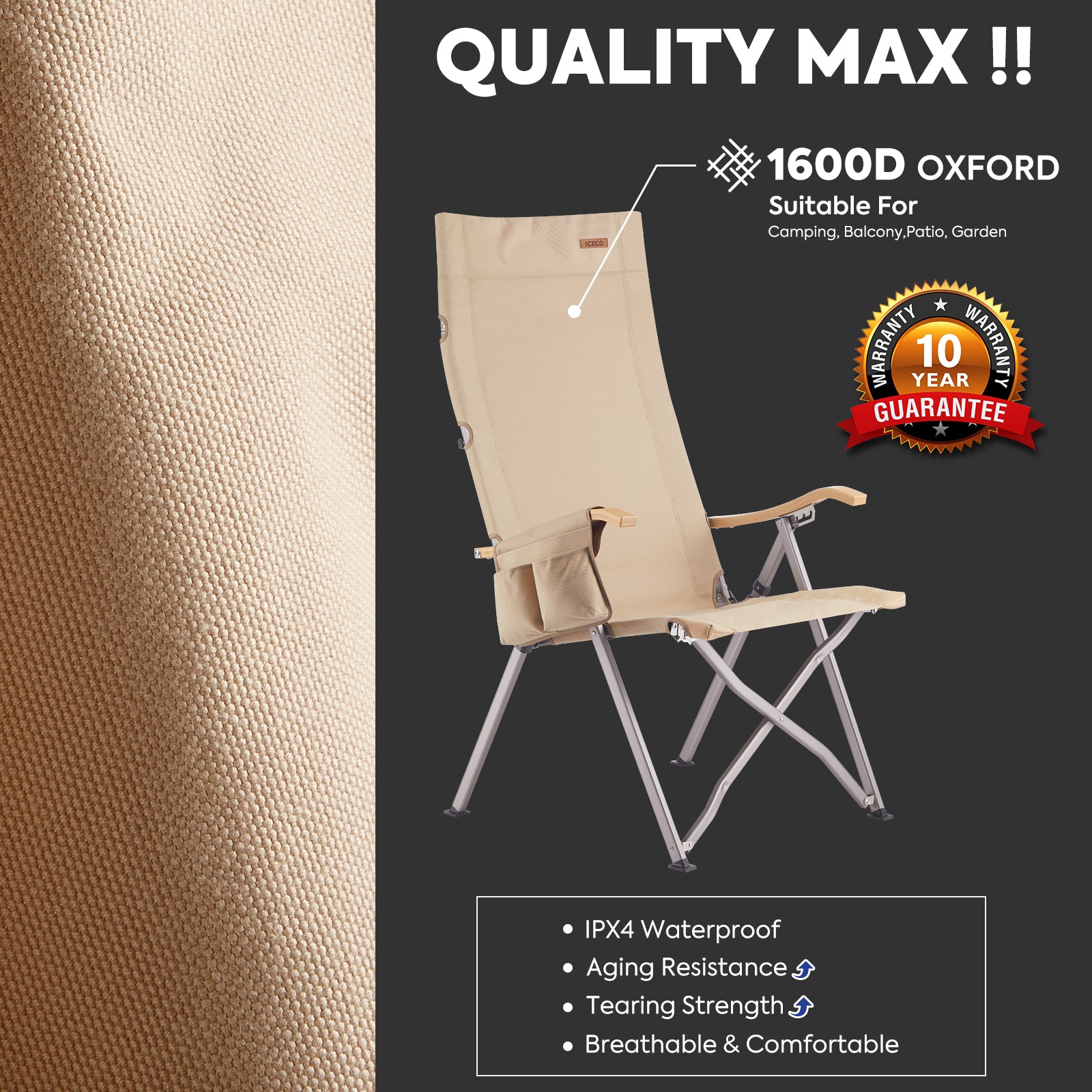 ICECO HA1600 4-Position Adjustable Folding Camping Chair - Portable Outdoor Recliner for Backyard, Beach, Picnic & Hiking | Heavy Duty Steel Frame with Cup Holder