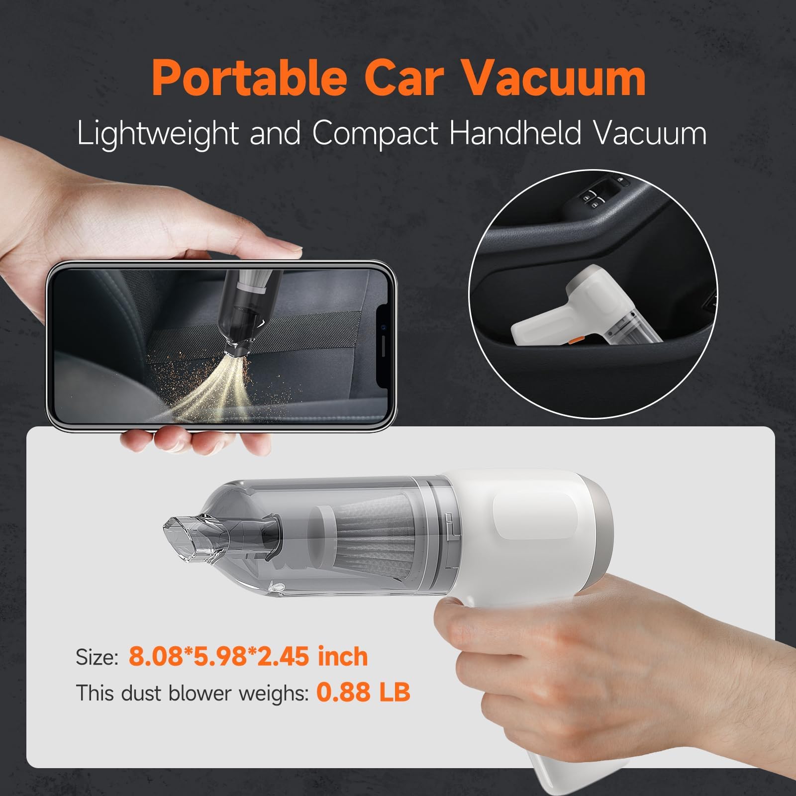 Powerful 8000PA Cordless Handheld Vacuum Cleaner - 3-in-1 Mini Vacuum for Car, Keyboard & Home - Rechargeable Dust Buster with Air Blower & Hand Pump (White) | Perfect for Cleaning Vehicles, Electronics & Inflating Small Items