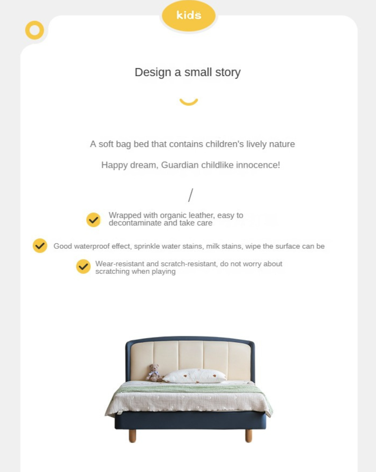 Organic Leather Soft Kids Bed - Durable & Comfortable Toddler Bed for Boys & Girls - Perfect for Nursery, Bedroom & Playroom