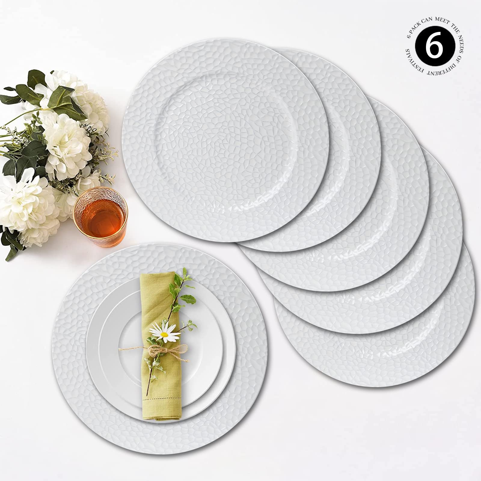 MAONAME 13-Inch White Charger Plates Set of 6 - Durable Bubble Plastic Dinner Plate Chargers - Elegant Round Decorative Chargers for Weddings, Parties & Formal Dining - Perfect for Table Settings, Holiday Entertaining & Special Events