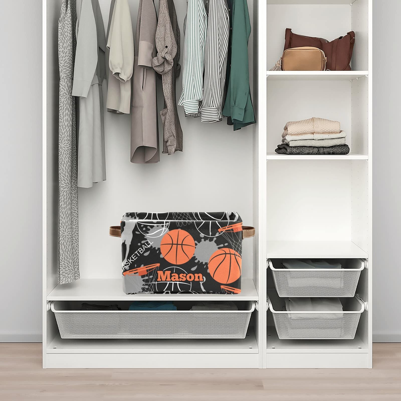 Personalized Large Storage Baskets with Handles - 4 Pack Black Basketball Themed Organizer Bins for Shelves, Closet, Bathroom & Nursery - Perfect for Home Organization & Decorative Storage Solutions
