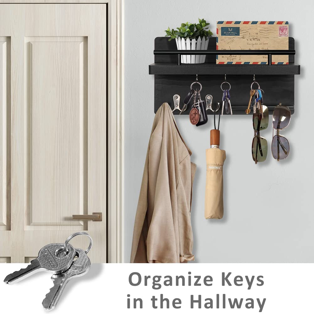 OurWarm Wooden Key Mail Organizer Wall Mount - Farmhouse Key Hanger with 5 Hooks, Rustic Entryway Decor for Hallway, Living Room & Bedroom (Black) - Perfect for Home Organization & Wall Storage