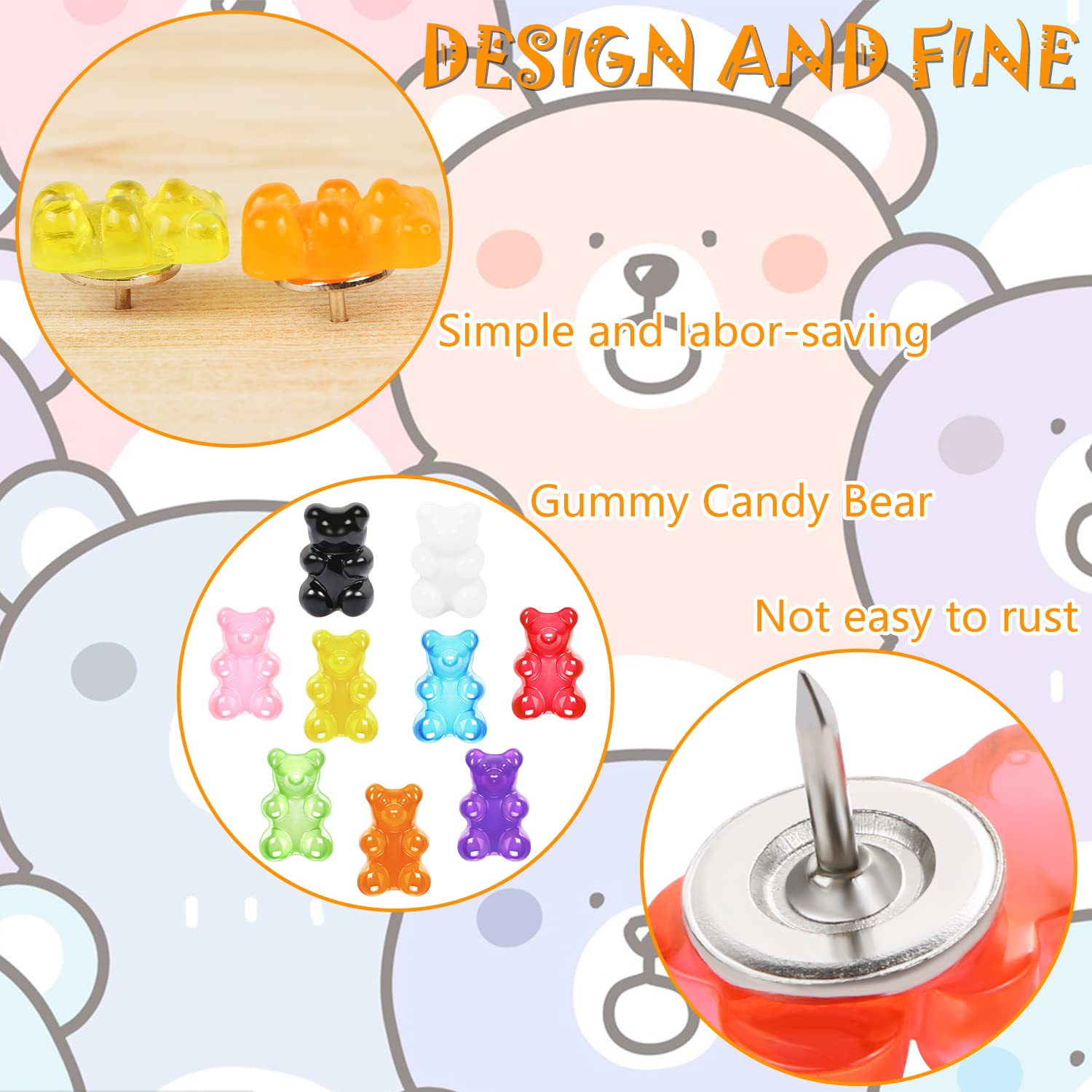 36 Pcs Resin Candy Gummy Bear Push Pins - Decorative Cute Thumb Tacks for Bulletin Boards, Cork Boards & Office Walls - Fun Office Supplies for Photos, Notes & DIY Projects