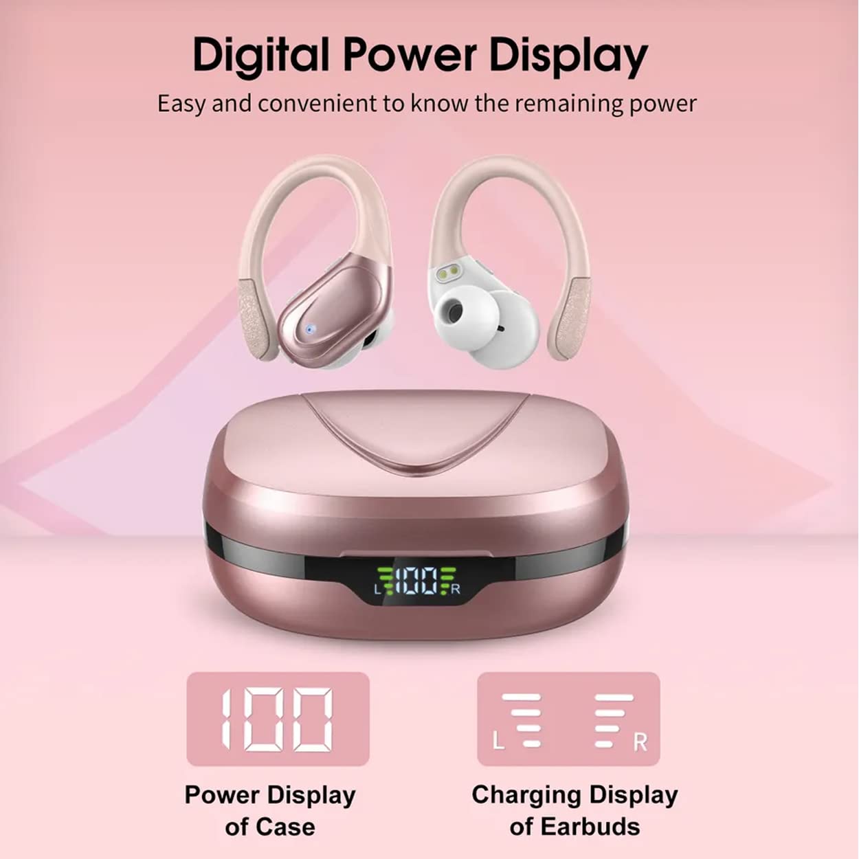 BX17 Wireless Bluetooth 5.3 Earbuds with 48H Playtime, HiFi Stereo Bass, Earhook Design, IPX5 Waterproof, Built-in Mic & LED Display - Perfect for Running, Gym, Travel & Workouts (Rose Gold)