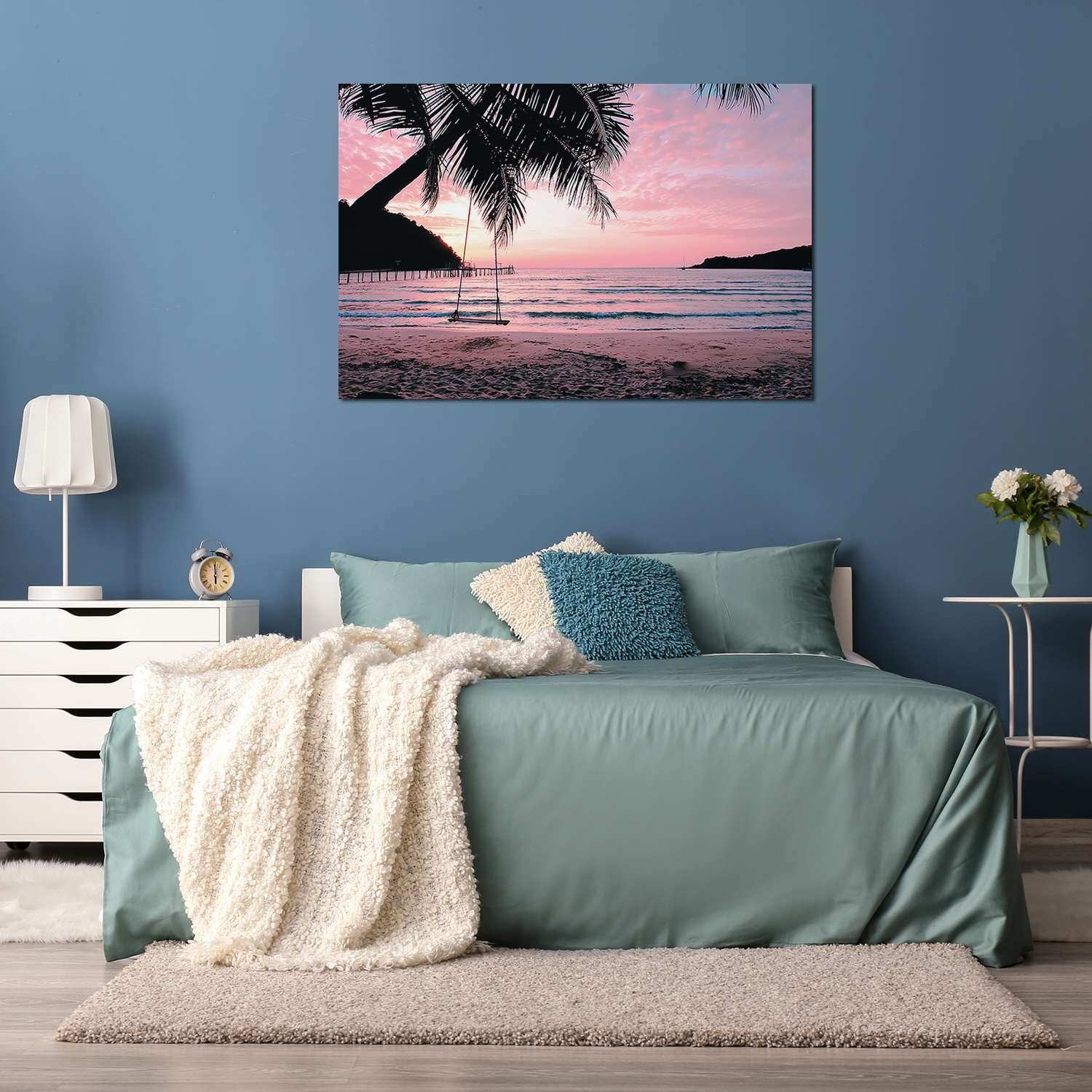 Purple Beach Landscape Canvas Wall Art - Stretched & Framed Modern Print 24x36 Inches - Ready to Hang Home Decor for Bedroom, Living Room & Office - Coastal Themed Wall Decor for Relaxing Spaces