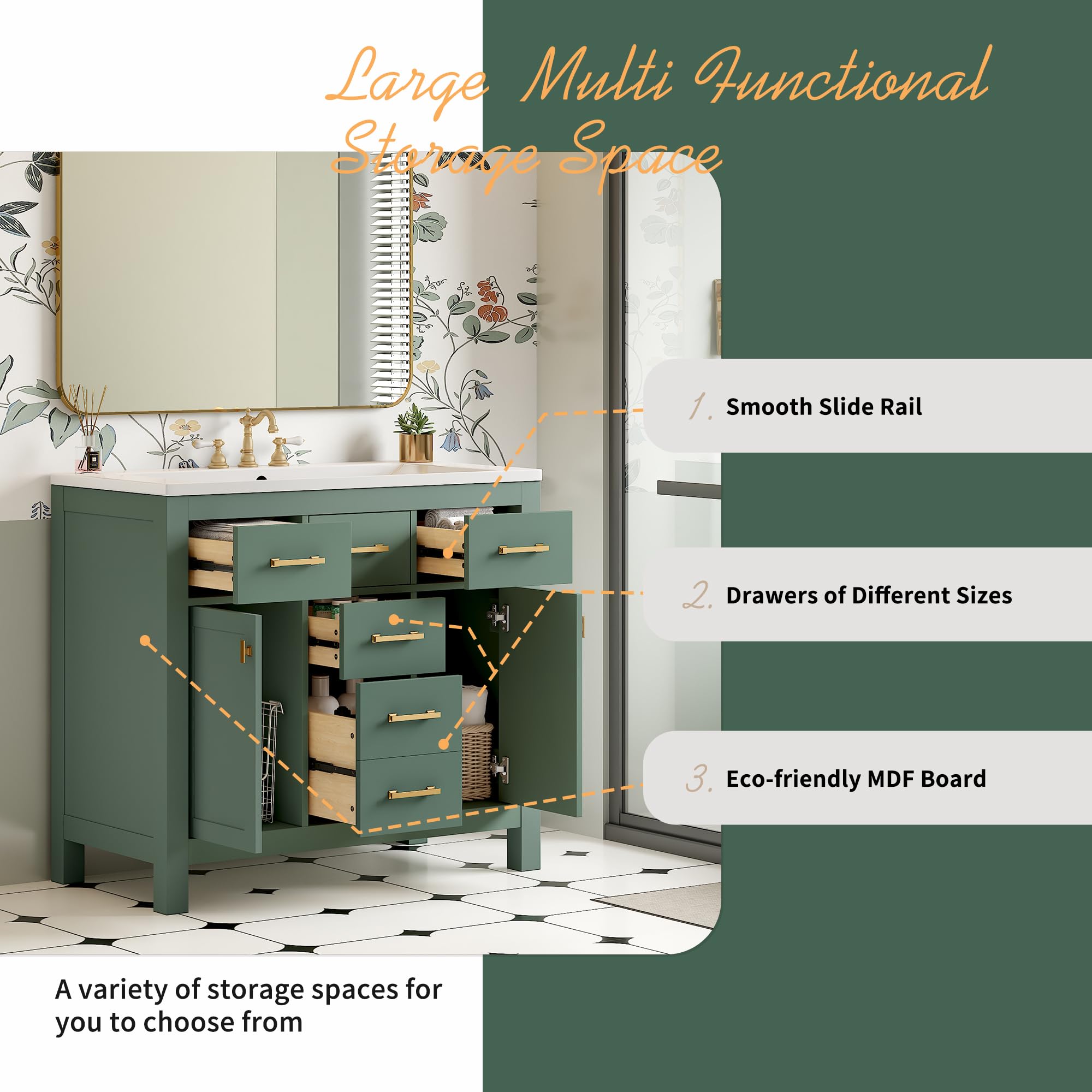 36 Inch Freestanding Bathroom Vanity with Undermount Resin Sink - Solid Wood Single Vanity with 4 Drawers & 2 Soft-Close Doors - Modern Green Bathroom Sink Cabinet for Small Bathrooms & Powder Rooms