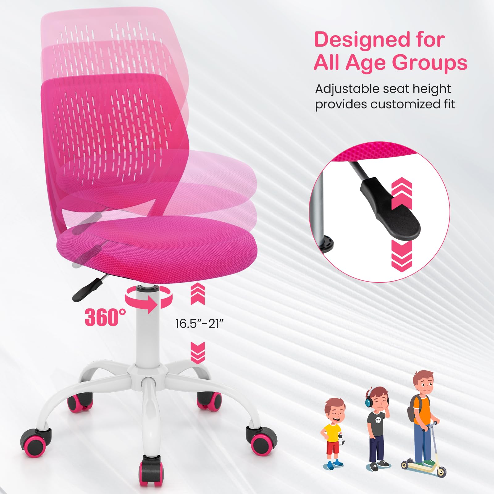 Giantex Adjustable Kids Study Chair - Ergonomic Swivel Mesh Desk Chair for Children with Height Adjustment & Lumbar Support - Perfect for Homework, Online Classes & Computer Use (Rose)