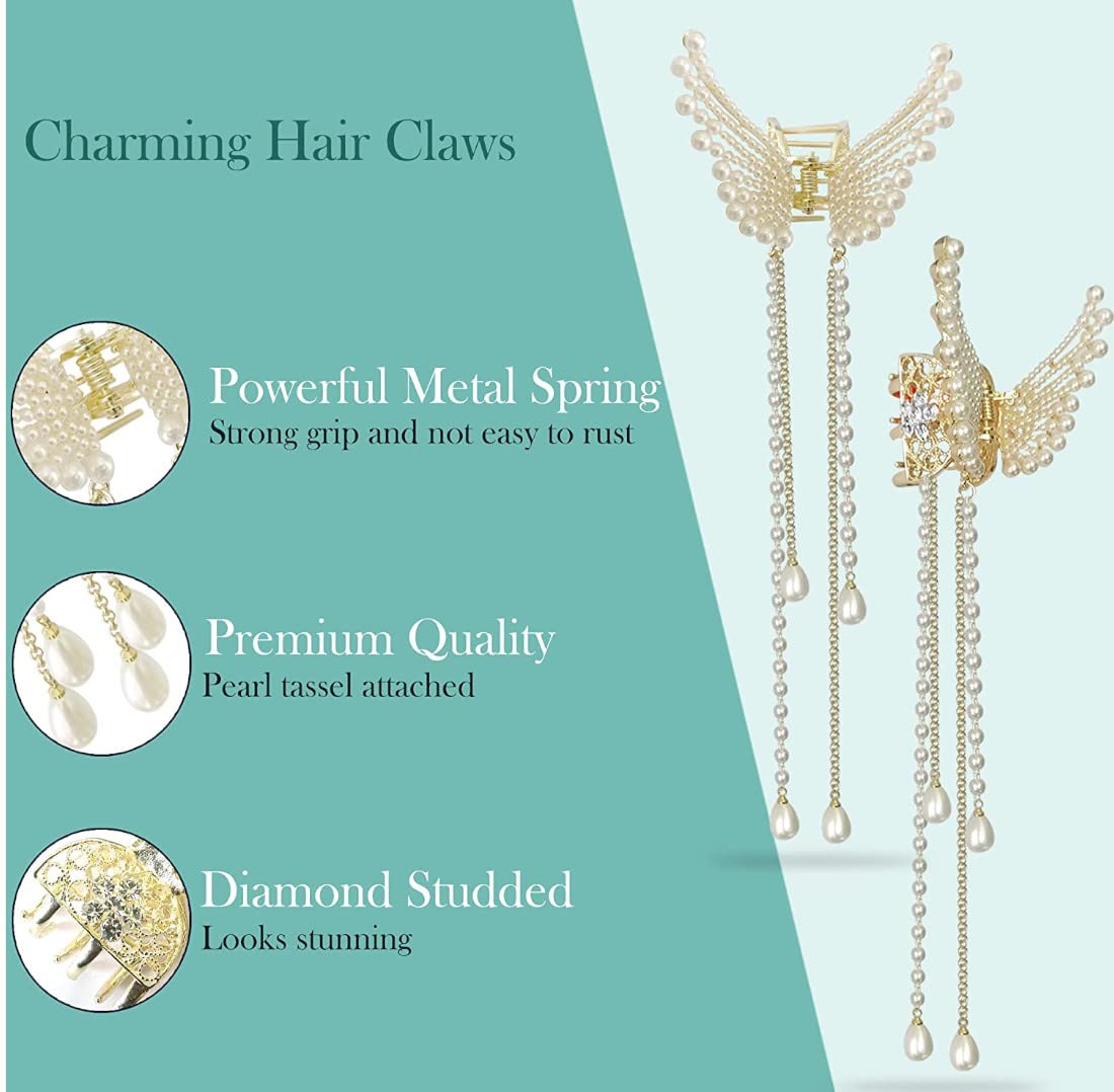 Elegant MANODHRUVA Pearl & Stone Hair Clips for Women - Wedding, Party & Everyday Hair Accessories | Butterfly Claw Clip, Metal Hair Clutcher for Girls & Women