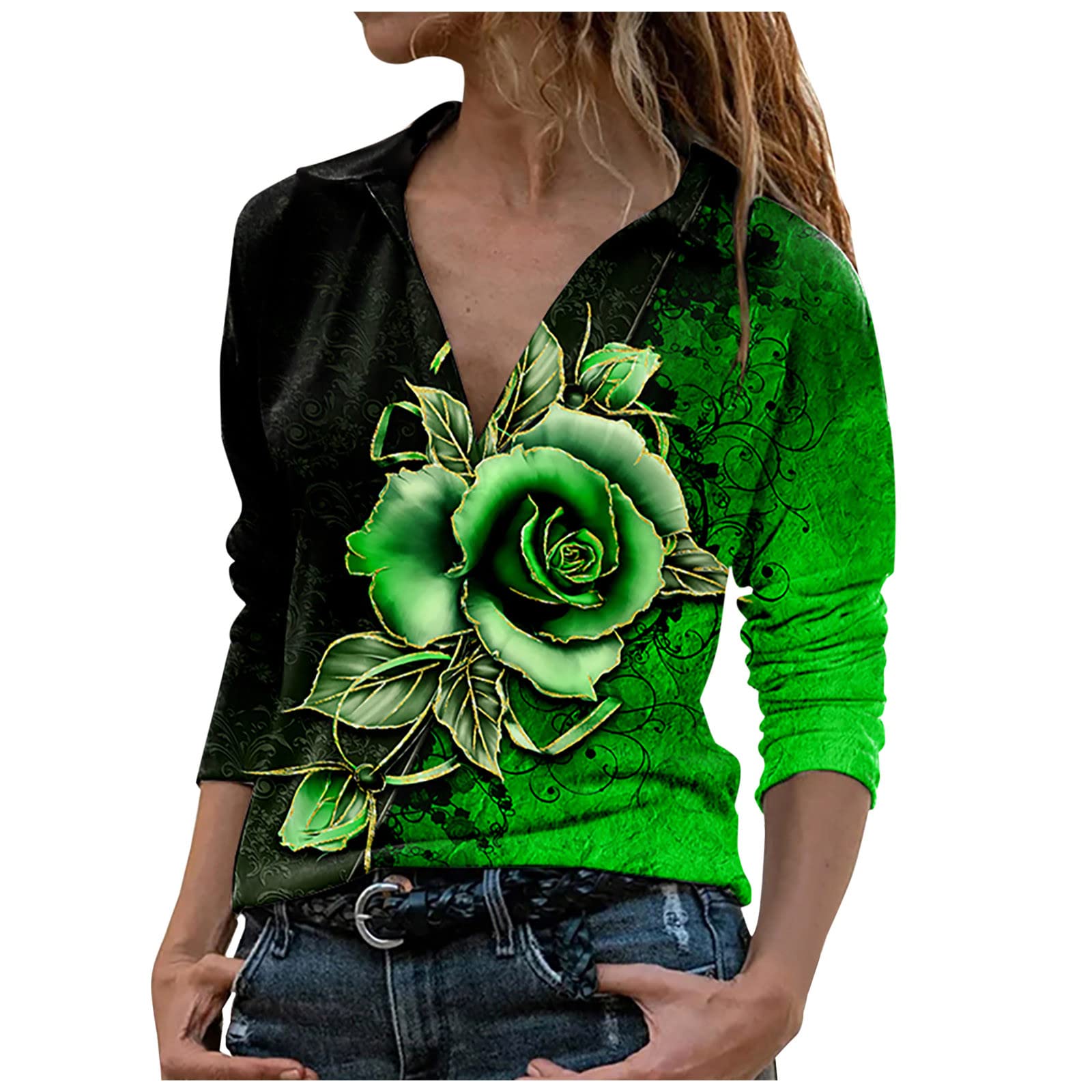 Women's Long Sleeve Deep V-Neck Collared Blouse - Colorful Print Office & Casual Tops - 2023 Trendy Work Shirt for Business, Dating & Everyday Wear