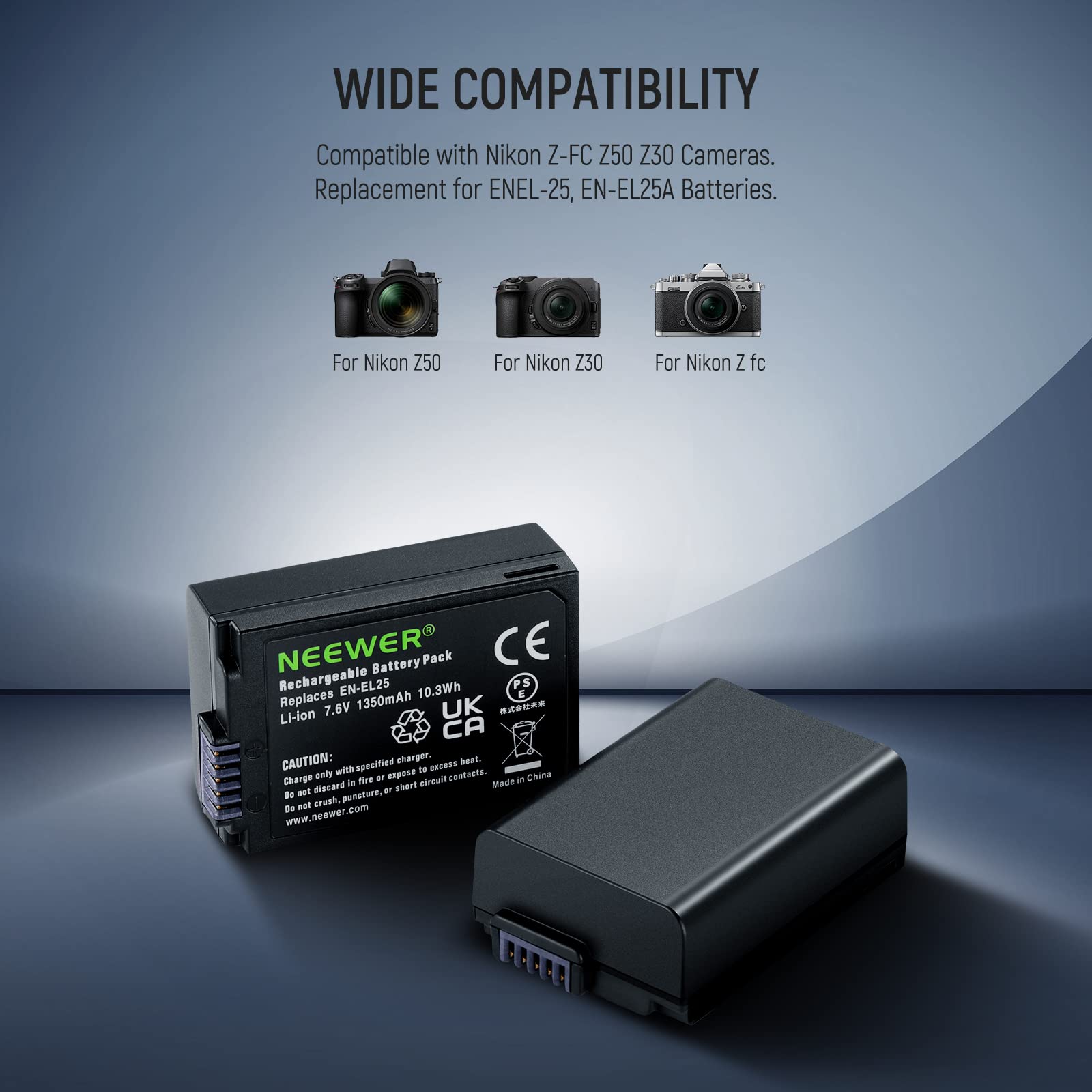 NEEWER EN-EL25 Replacement Battery and USB Charger Set - 2 Pack 1350mAh Batteries with Dual Channel Type C Charger for Nikon Z30 Z50 ZFC Cameras | Perfect for Travel Photography & Vlogging