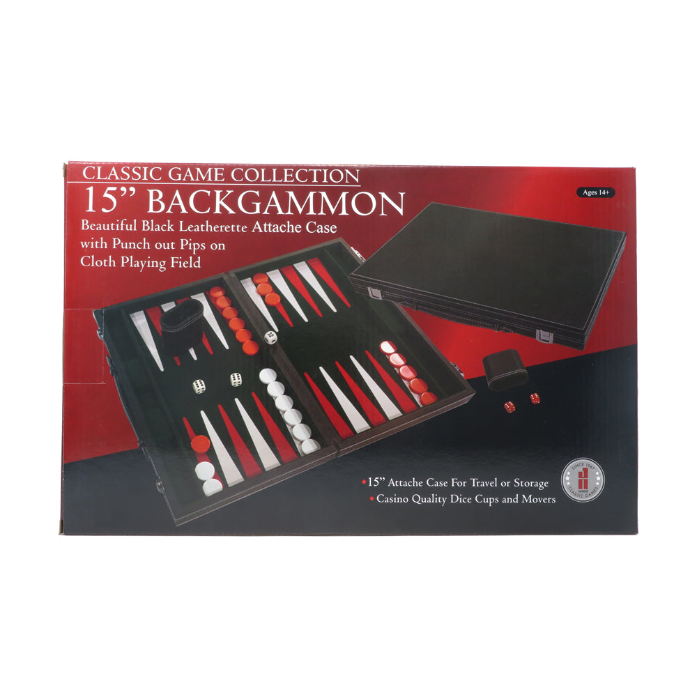 Premium 15 Inch Leatherette Backgammon Set - Classic Board Game Collection for Adults & Family Game Night - Perfect for Travel, Parties, and Casino-Themed Events