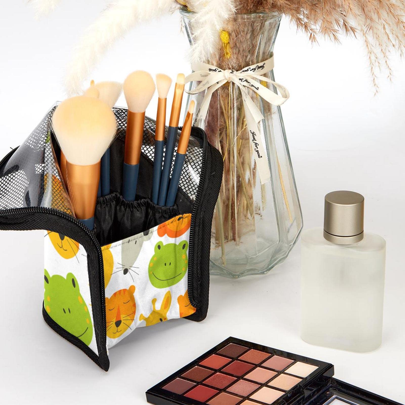 12-Piece Cartoon Animal Makeup Brush Organizer Bag - Tiger & Giraffe Design Portable Brush Holder Case | Perfect for Travel, Home Vanity & Professional Makeup Artists