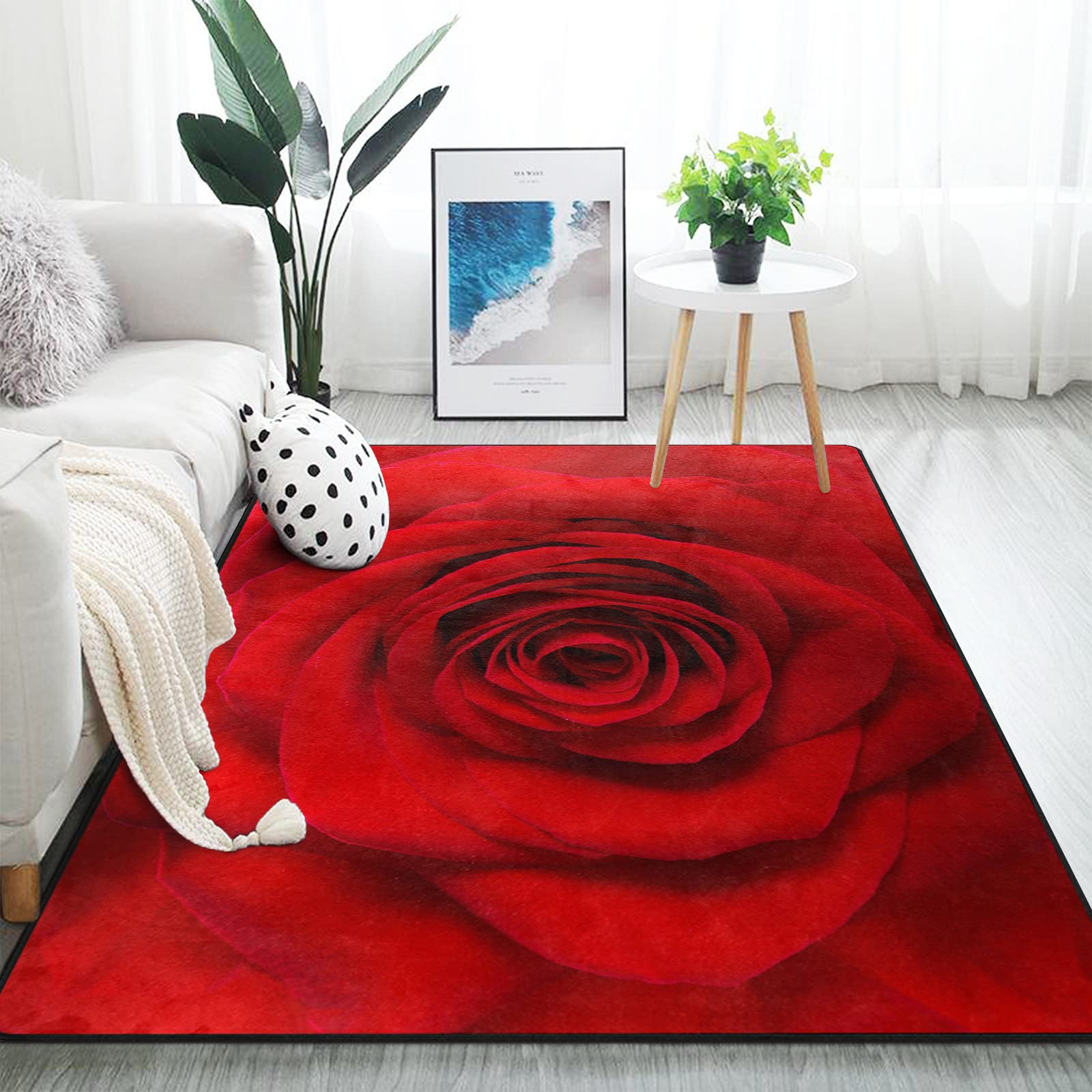 ALAZA Romantic Red Rose Floral Area Rug - 7' x 5' Soft Non-Slip Carpet for Living Room, Bedroom, Dorm Decor | Perfect for Valentine's Day Gift, Anniversary & Home Decoration