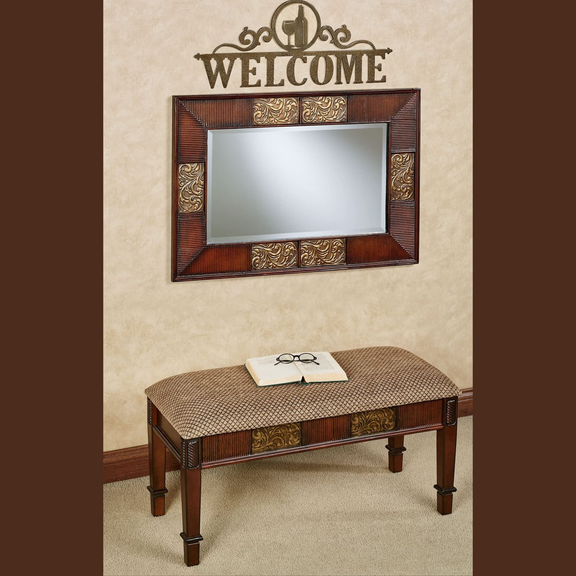 Touch of Class Sarantino Upholstered Bench in Natural Cherry with Chenille Cushion - Functional Bedroom Bench for End of Bed, Living Room Seating, Hallway or Entryway Decor - Perfect for Foyers, Dressing Areas & Home Organization