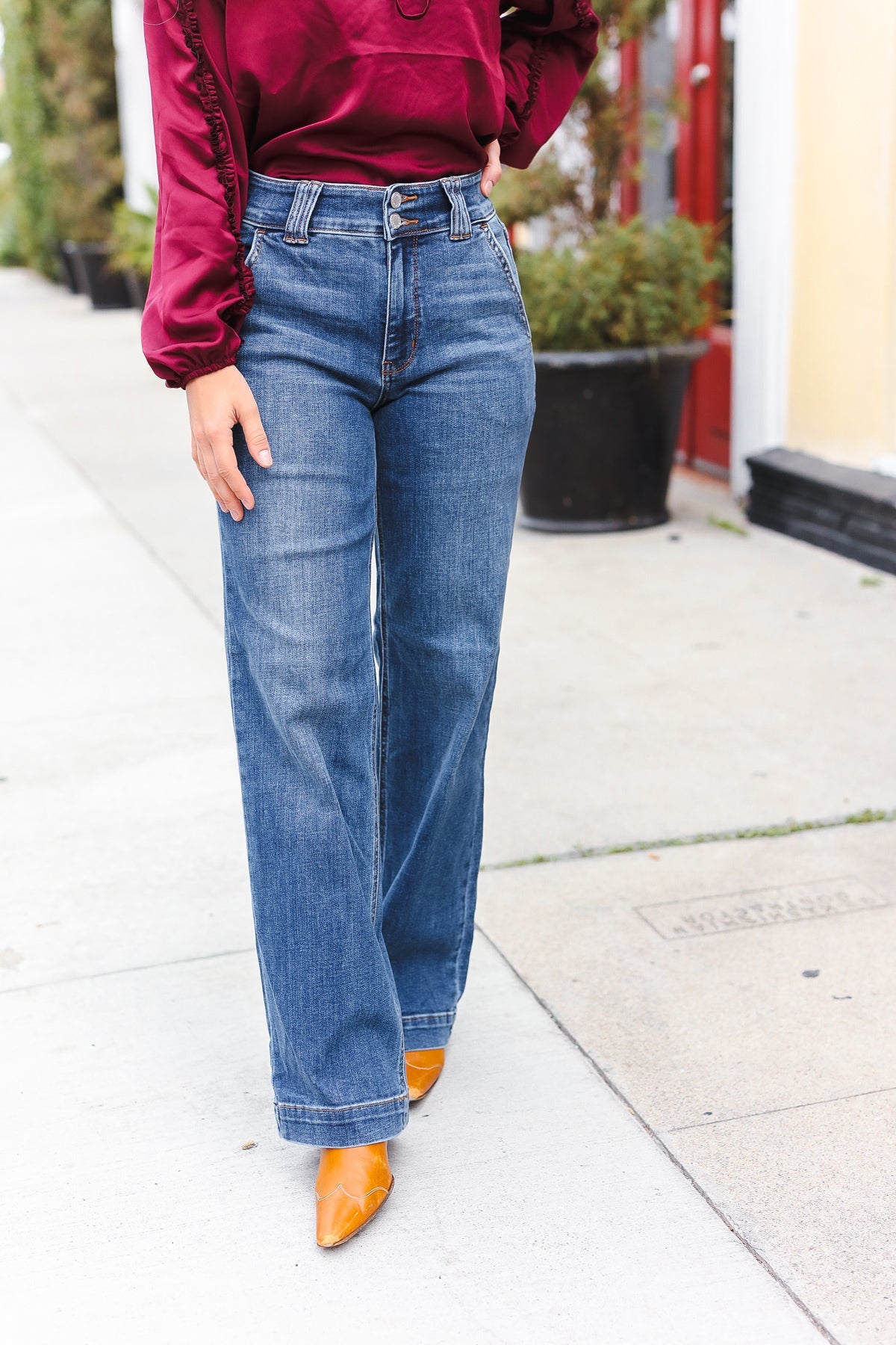 Judy Blue High Rise Double Button Crisscross Detail Wide Leg Jeans for Women - Comfortable Stretch Denim Pants for Casual Wear & Everyday Outfits