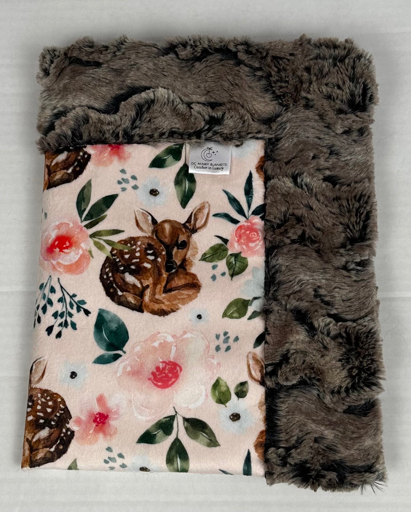 Soft Pink Deer & Flower Minky Baby Lovey Blanket 25x18 - Perfect for Nursery, Stroller, and Snuggling