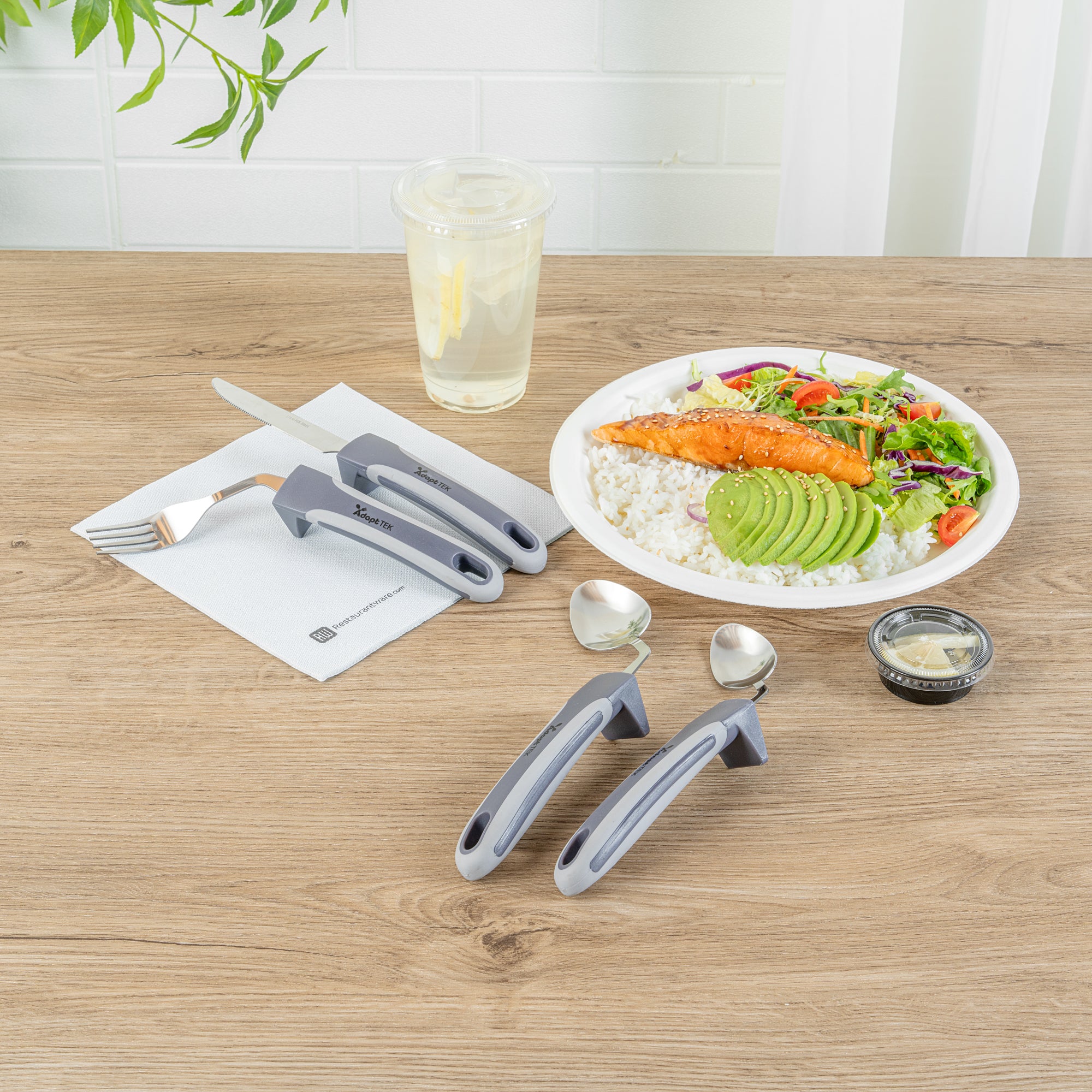 Adapt Tek Gray Stainless Steel 4-Piece Adaptive Offset Utensil Set for Right-Handed Users - Lightweight, Non-Slip Grip - Perfect for Arthritis & Limited Mobility (1 Count Box) - Ideal for Cooking, Baking & Everyday Kitchen Tasks