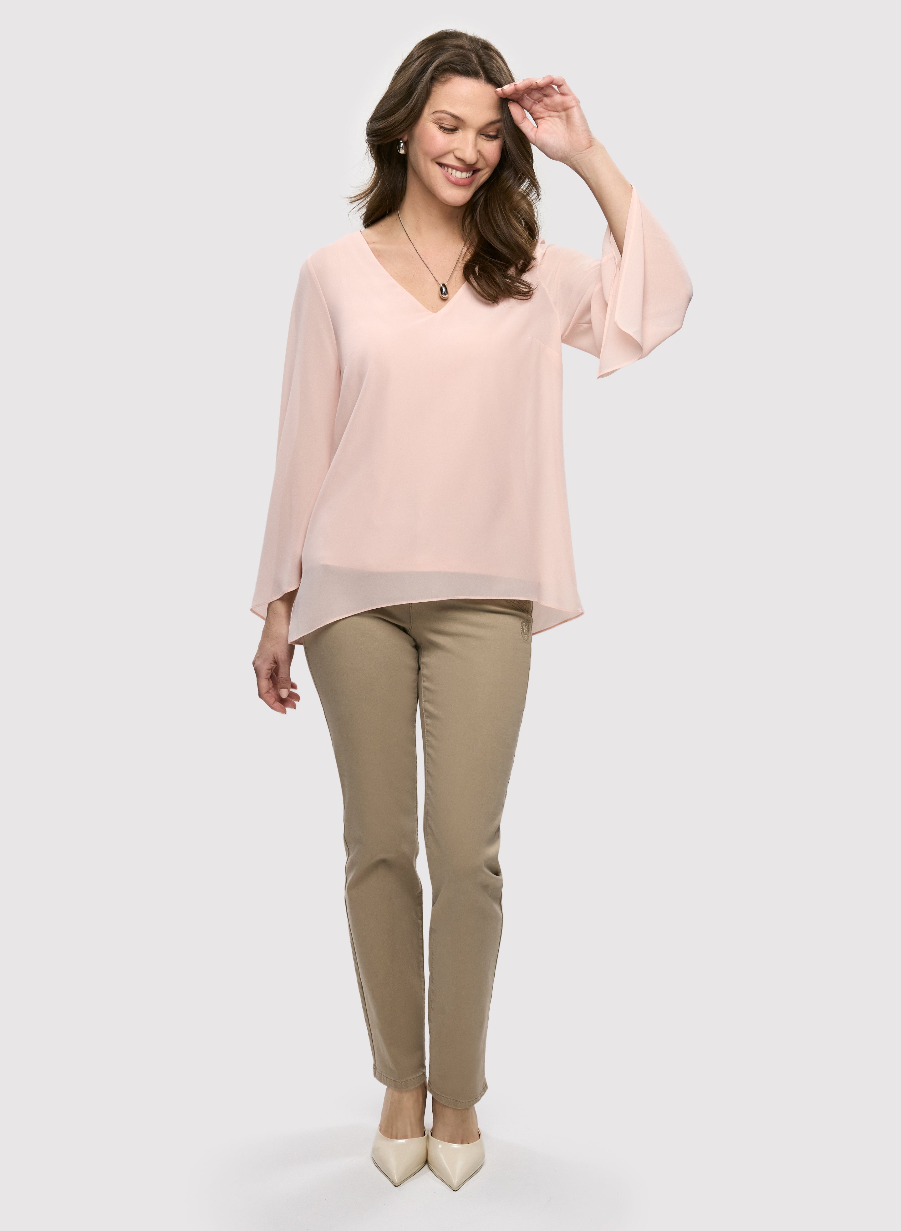 Flared Sleeve Chiffon Blouse & Embroidered Straight Leg Denim Pants Set - Women's Elegant Office Wear & Casual Outfit for Spring Summer