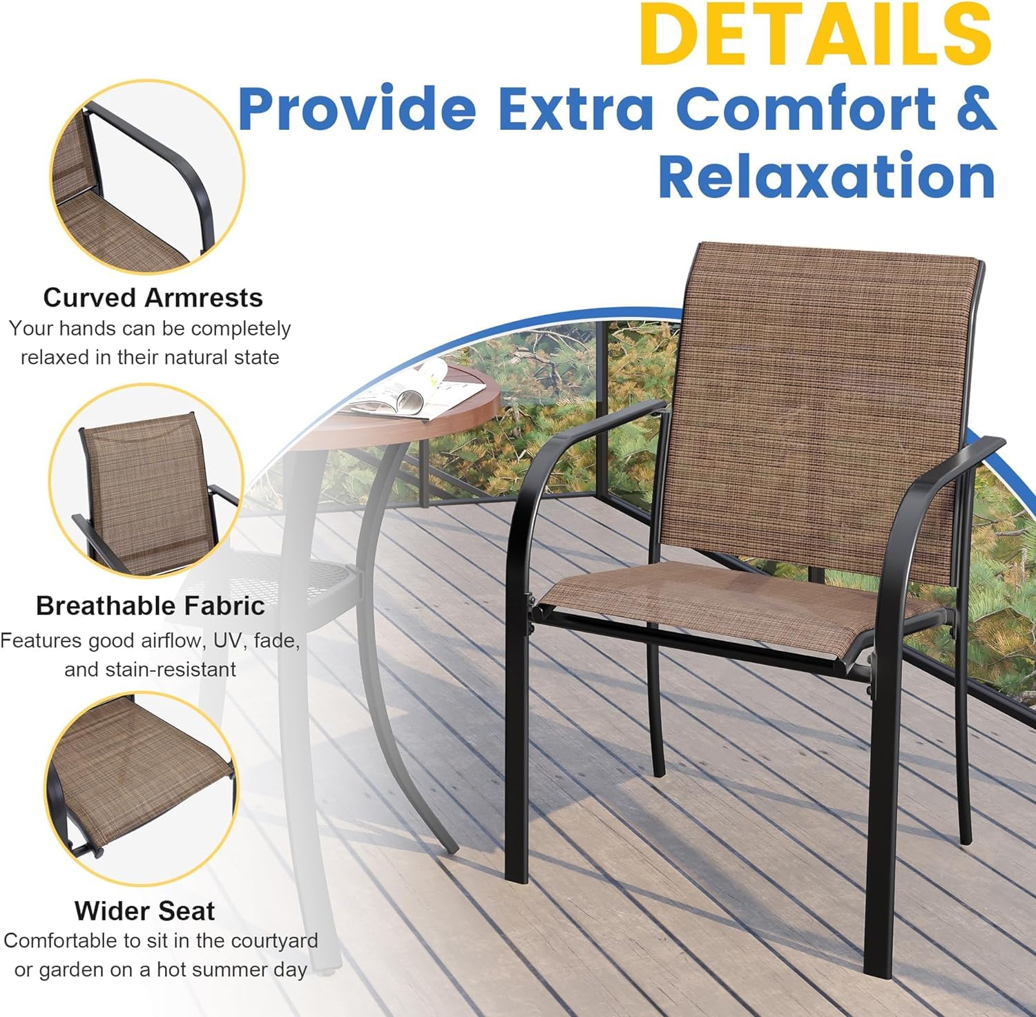 VICLLAX 5-Piece Outdoor Dining Set - Round Patio Table with 4 Sling Chairs, Brown & Walnut Finish - Perfect for Backyard, Garden, Deck or Poolside Gatherings