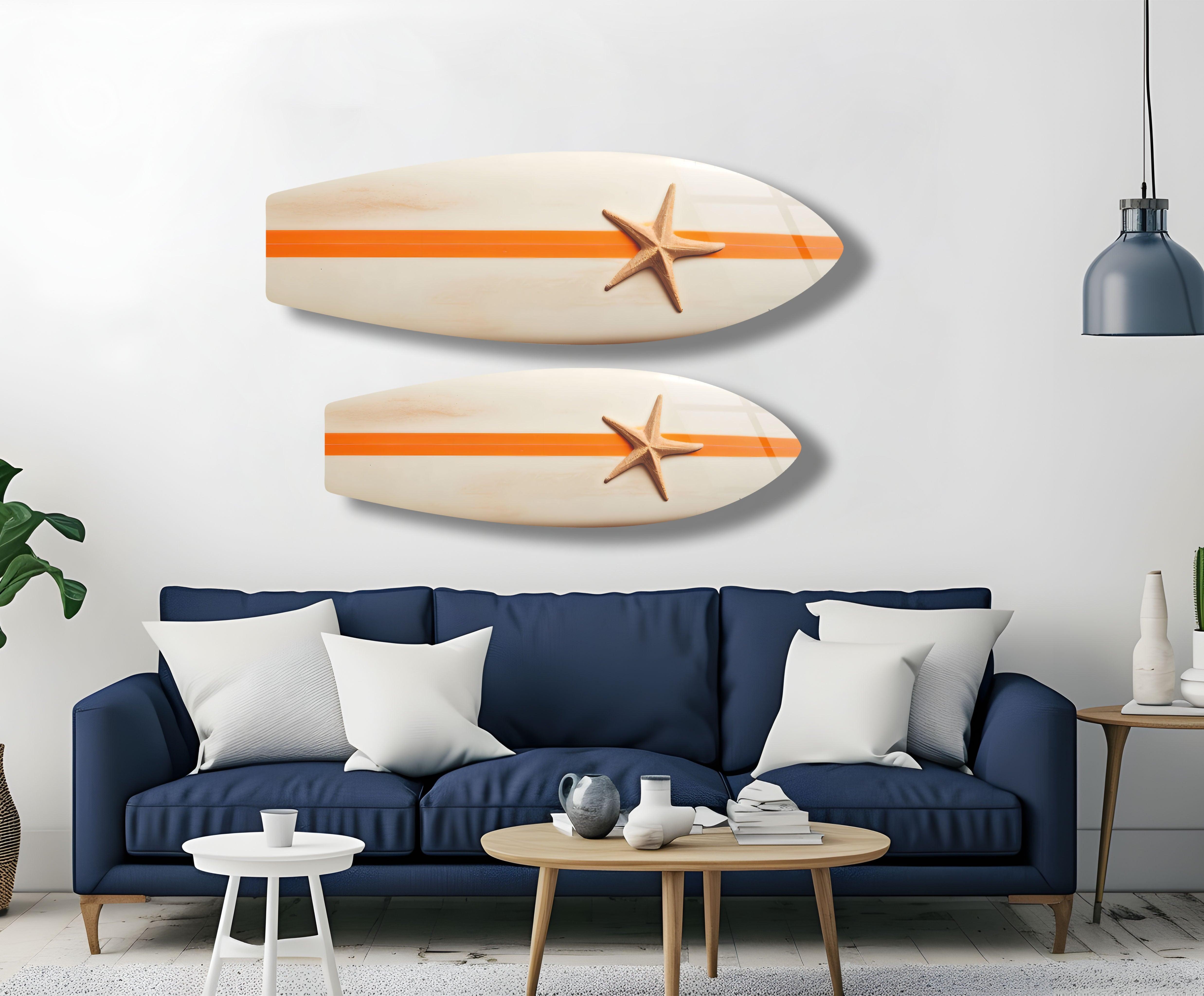 Beach Sea Star Surfboard Wall Art - Coastal Decor for Living Room, Bedroom & Office - Nautical Themed Handmade Wooden Surfboard Decor