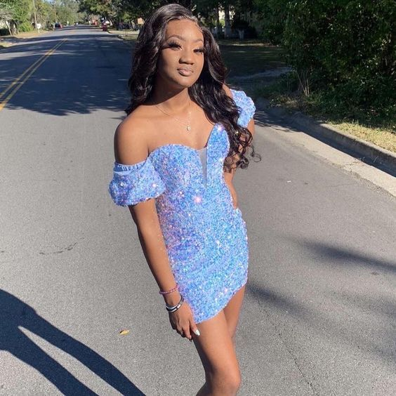 Elegant Off-The-Shoulder Blue Sequin Prom Dress for Homecoming - Sparkling Party Gown for Formal Dances, Evening Events & Special Occasions