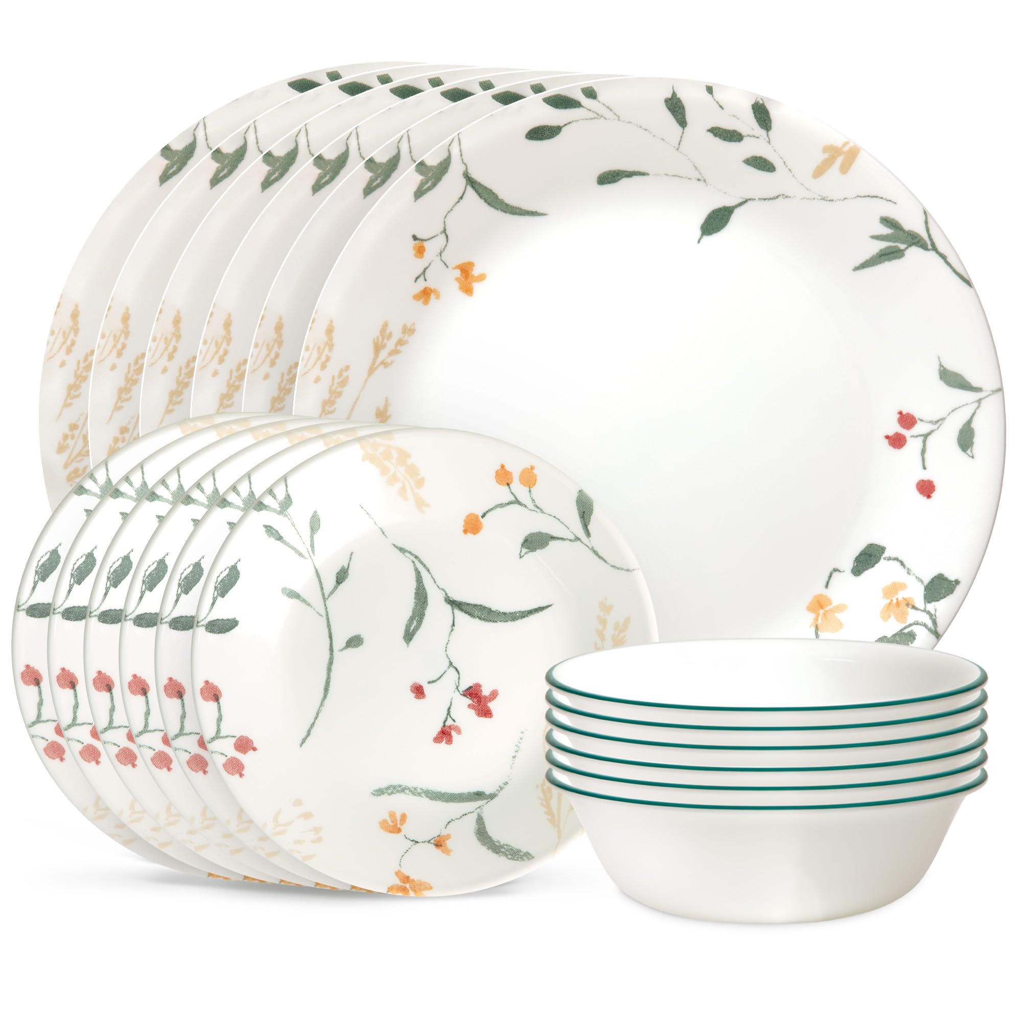 Corelle Vitrelle 18-Piece Dinnerware Set - Service for 6 - Chip & Crack Resistant Glass Plates & Bowls - Wildflower Design - Perfect for Everyday Dining, Dinner Parties & Family Gatherings