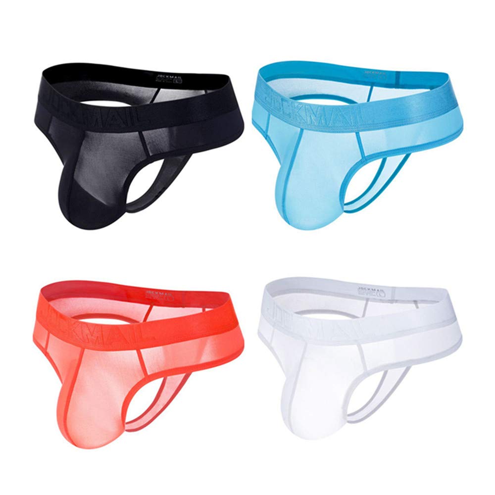 JOCKMAIL 4-Pack Men's Ice Silk Transparent Underwear - Breathable Lace Briefs in 4 Colors (Black/Red/Blue/White) for Sensual Wear & Intimate Occasions