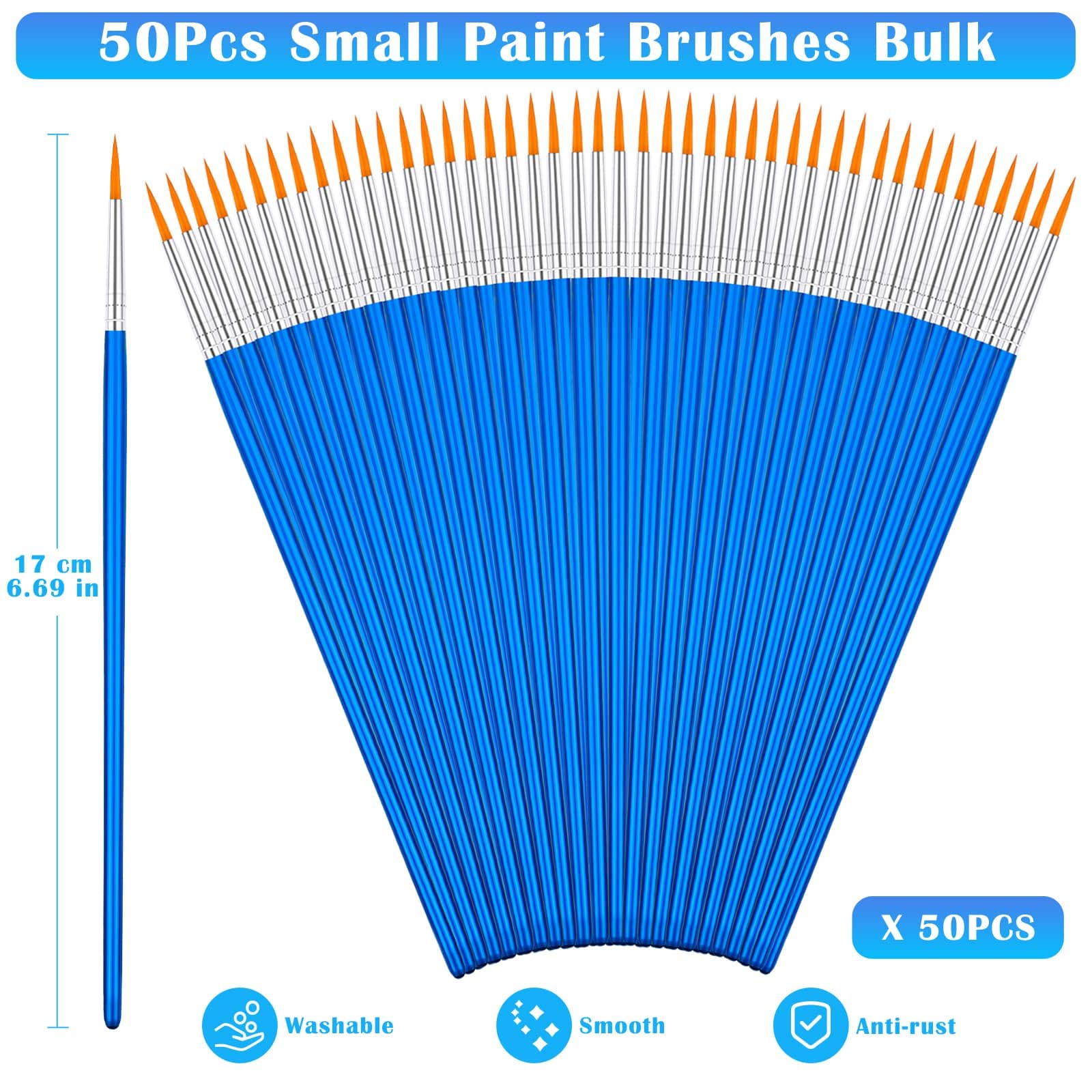 50Pcs Round Paint Brushes Bulk Set - Small Artist Brushes for Kids & Adults - Acrylic, Watercolor, Oil Painting & Crafts - Perfect for Classroom, Canvas, Face Painting & DIY Art Projects