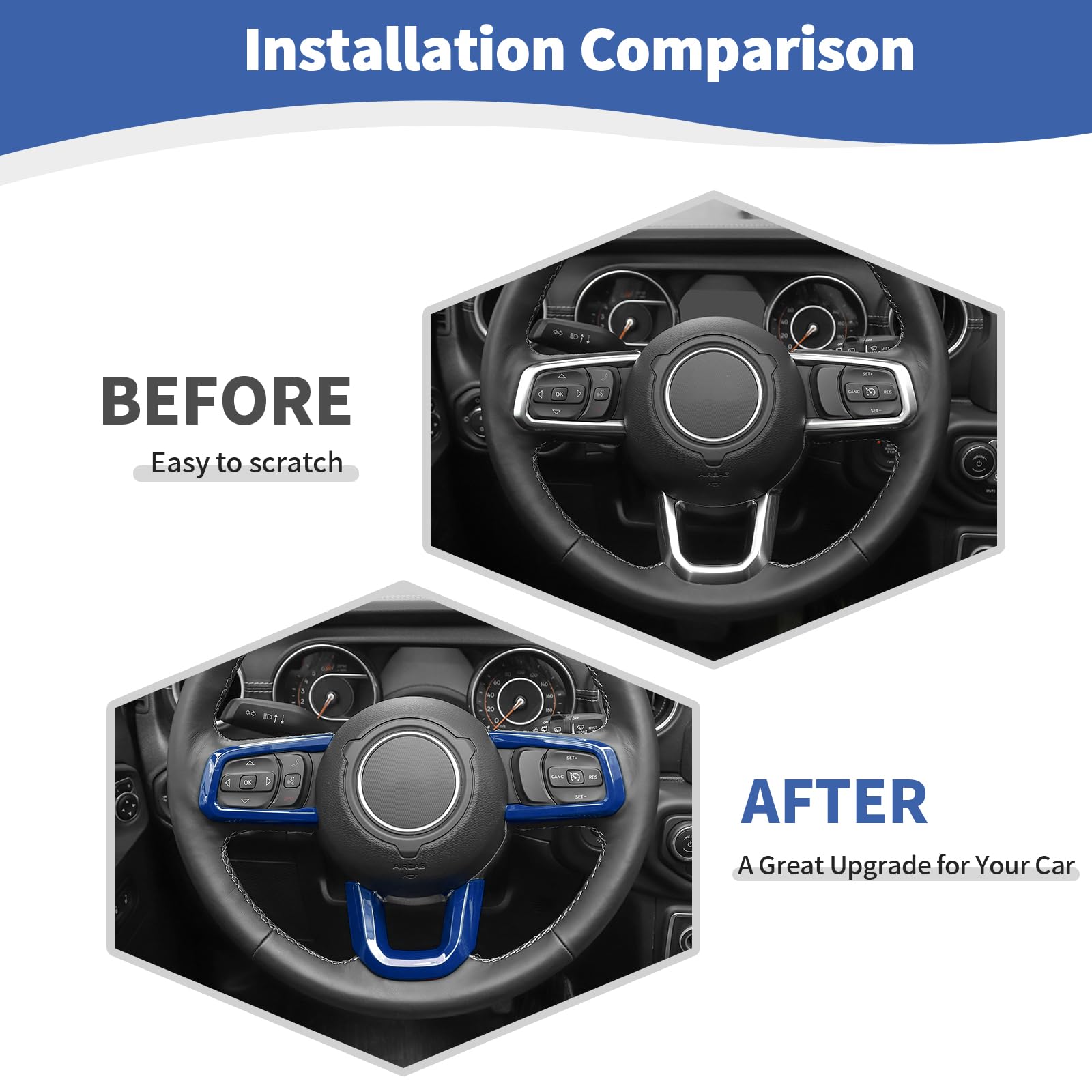 Blue Steering Wheel Trim Decal Panel for Jeep Wrangler JL/JLU & Gladiator JT (2018-Present) - 3pcs Interior Accessories - Upgrade Your Ride for Off-Road Adventures & Daily Commutes