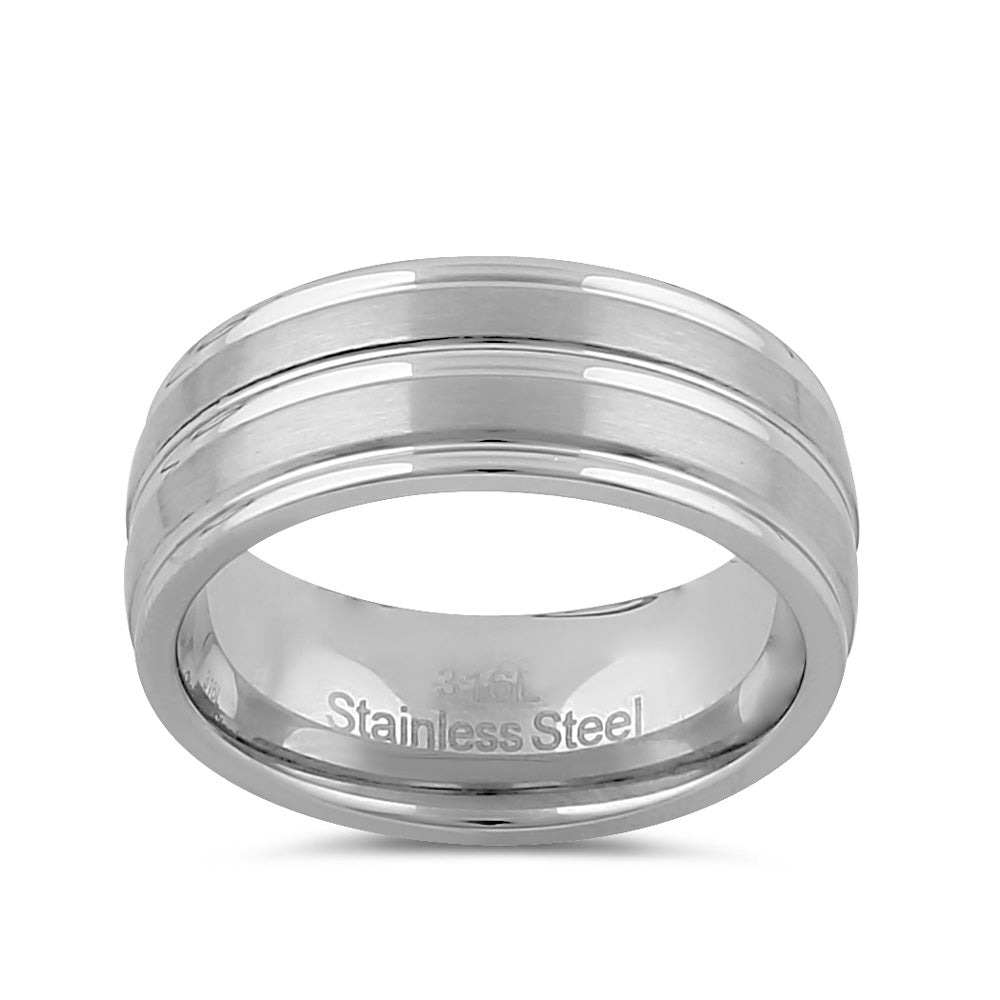 8mm Brushed Stainless Steel Men's Wedding Band with Grooves - Durable & Stylish Ring for Men, Perfect for Weddings, Anniversaries, and Everyday Wear