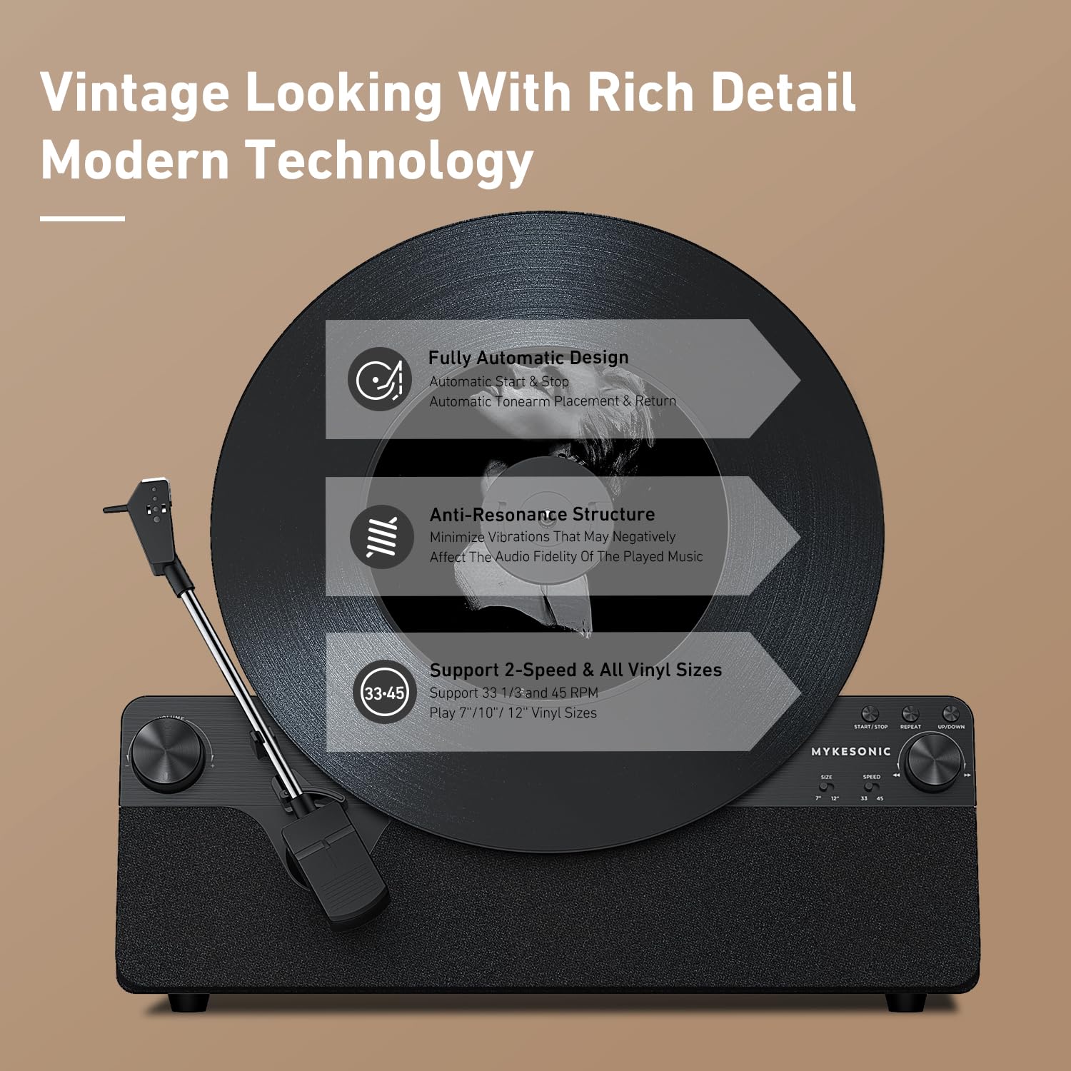 MYKESONIC Vertical Automatic Bluetooth Record Player - Belt Drive Vinyl Turntable with AT-3600L Magnetic Cartridge, Hi-Fi Stereo Speakers, Bluetooth In/Out, Aux & RCA Outputs - Perfect for Home Entertainment, Vinyl Collectors & Retro Music Lovers