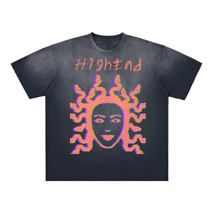 Premium Vintage Washed Medusa Print T-Shirt - Blue, Gray & Purple Gradient Frayed Design | 250 GSM Heavy Cotton | Streetwear, Gothic Fashion & Retro Style Outfits