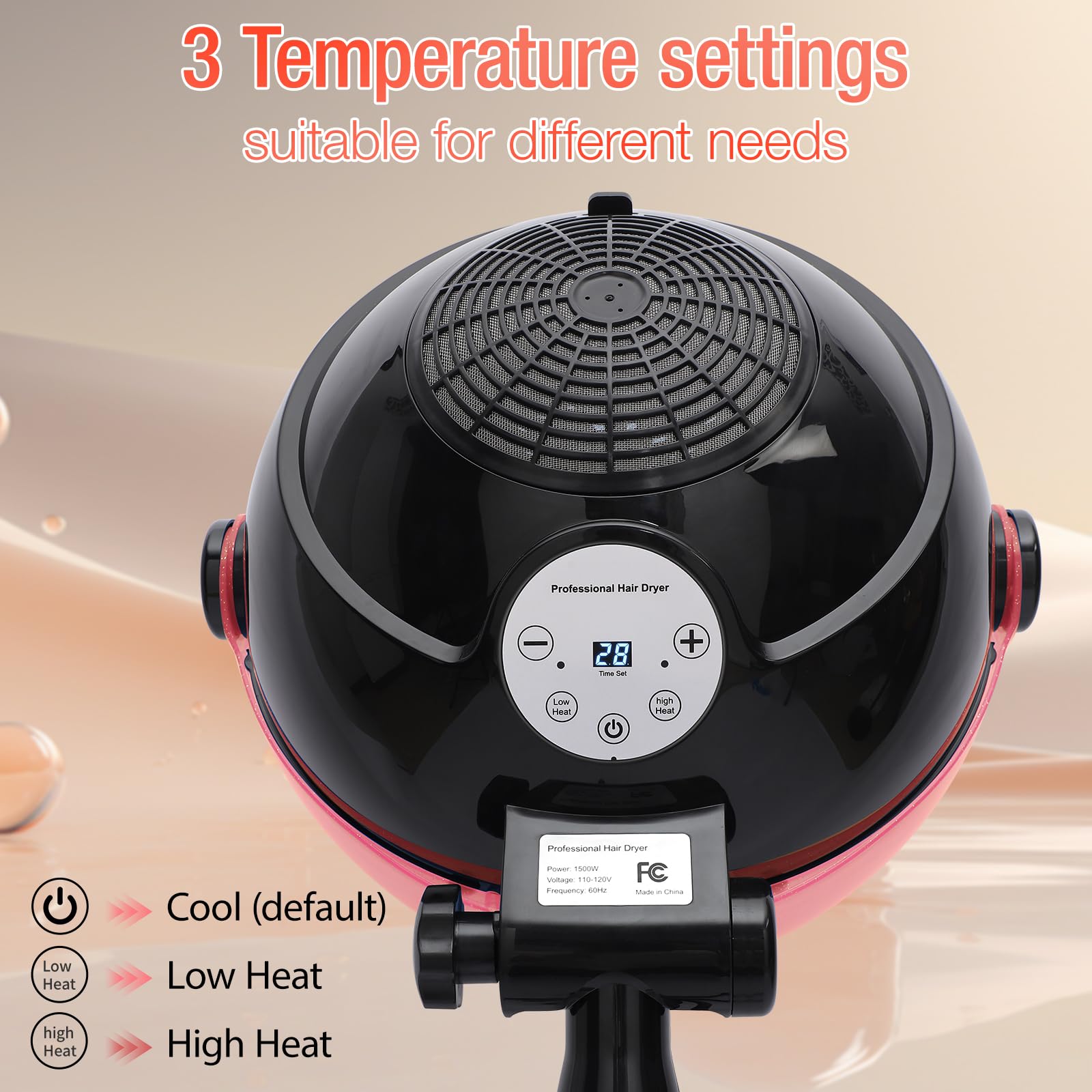Professional Hooded Hair Dryer with Timer & Touch Controls - 3 Adjustable Heat Settings for Salon & Home Use - Perfect for Hair Styling, Drying & Setting at Salons, Spas & Home Hair Care