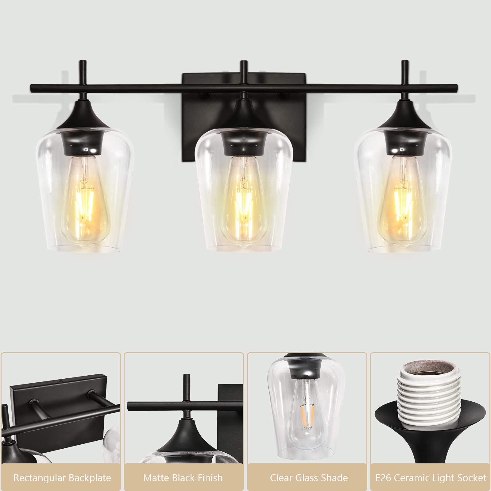 Modern Black 3-Light Bathroom Vanity Fixture with Clear Glass Shade - Wall Sconce Lighting for Bathroom, Bedroom, Living Room, Staircase, Gallery & Restaurant Decor | Perfect for Vanity Mirror Lighting, Hallway Ambience & Dining Area Accent
