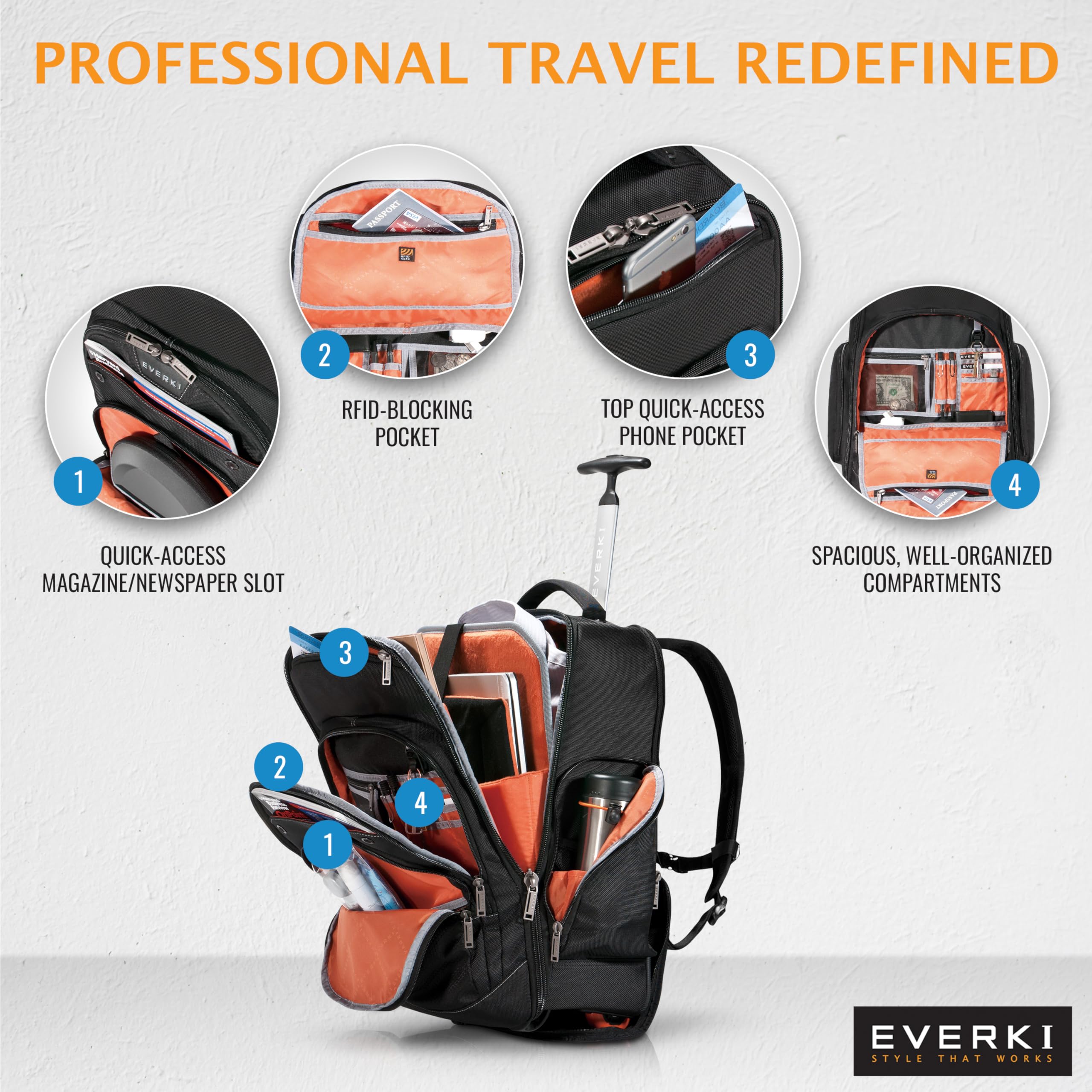EVERKI Atlas Wheeled Laptop Backpack 13-17.3 Inch Trolley Bag with Adjustable Compartment - 30L Travel Cabin Rucksack for Men and Women, Fits Under Airplane Seat, Perfect for Business Travel, Commuting & Daily Use - Black
