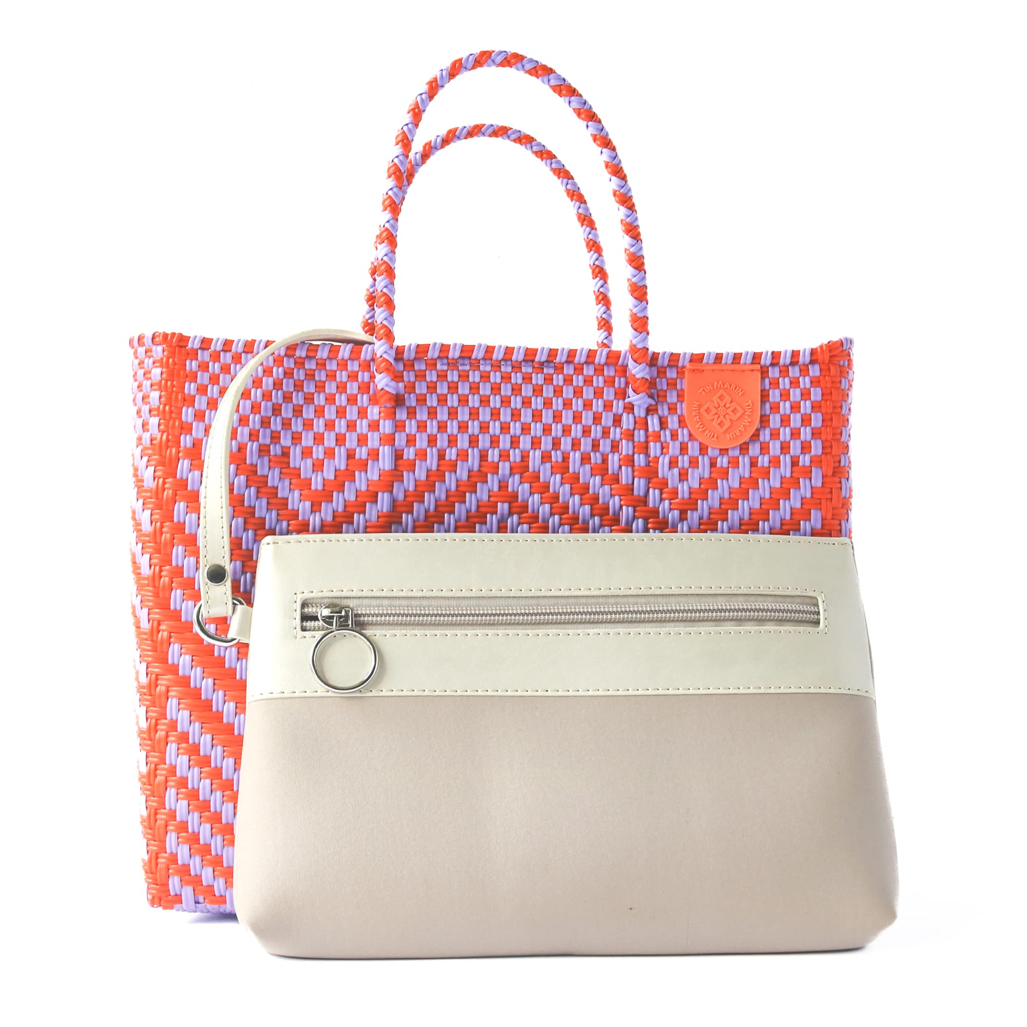 Positano Medium Woven Crossbody Bag with Detachable Mesh Pouch - Orange & Purple Recycled Plastic Beach Purse | Handmade Mexican Artisan Bag for Vacation, Travel & Resort Wear