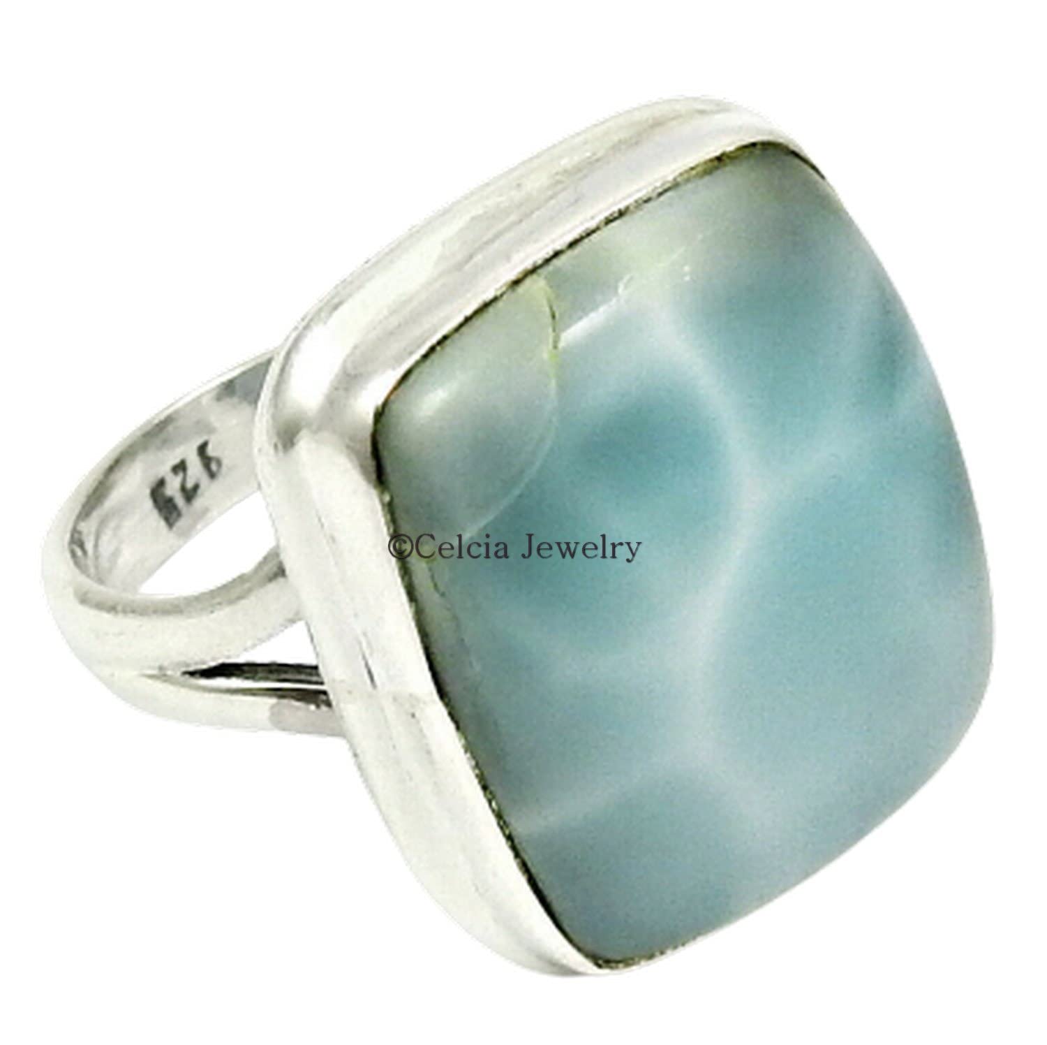 Natural Larimar Gemstone Solitaire Ring - 925 Sterling Silver Engagement Ring for Women, Promise Ring for Couples, Unique Wedding Gift for Bridesmaids & Groomsmen, Valentines Day & Graduation Gift - Perfect for Proposals, Anniversaries & Special Occasions (Larimar, Size 7)
