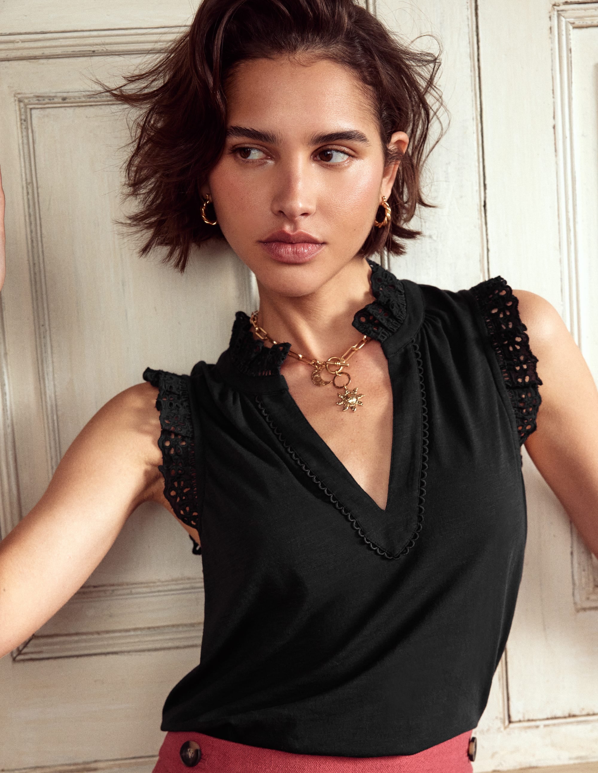 Aria Embroidered Trim Vest for Women - Black Lace Detail Sleeveless Top - Perfect for Layering, Parties & Casual Outfits