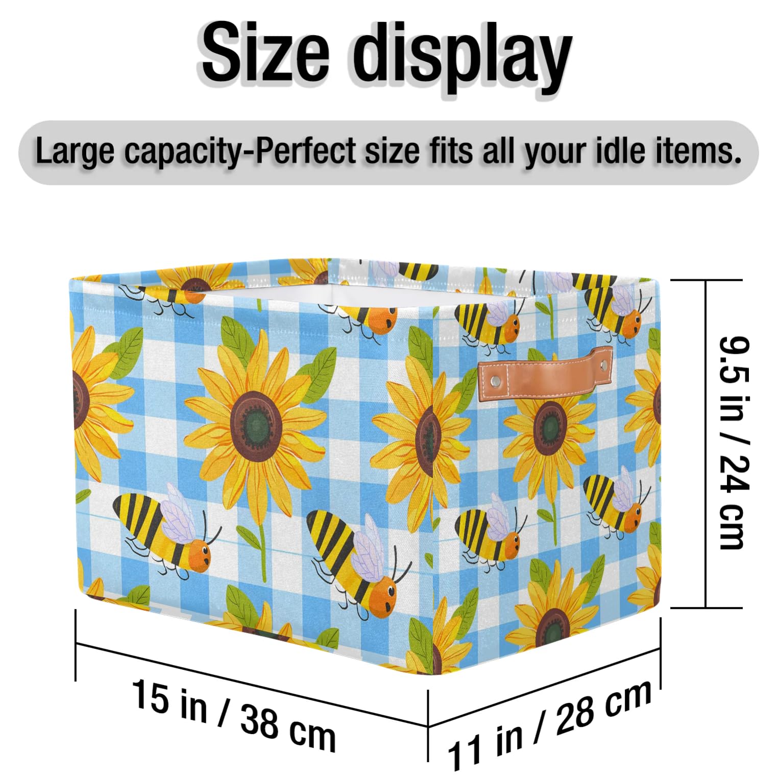 Bee Sunflower Plaid Large Storage Baskets for Shelves & Closets - 2 Pack Fabric Organizer Bins with Handles, Collapsible Decorative Baskets for Home Organization - Perfect for Clothes, Toys & Bedroom Storage