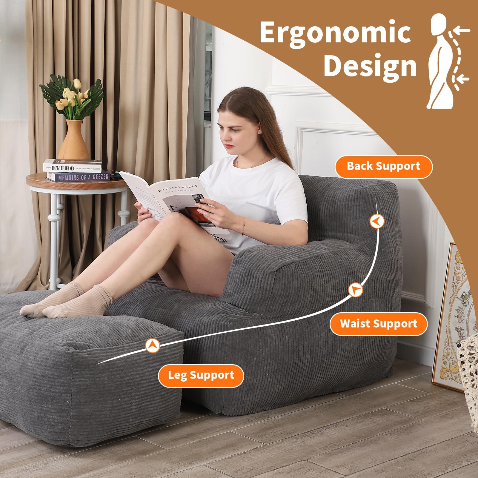 Giant Bean Bag Chair for Adults - Oversized Bean Bag Sofa with Ottoman, Dark Grey - Ultra Comfortable Reading & Lounging Chair for Dorm Room, Living Room, Bedroom & Game Room
