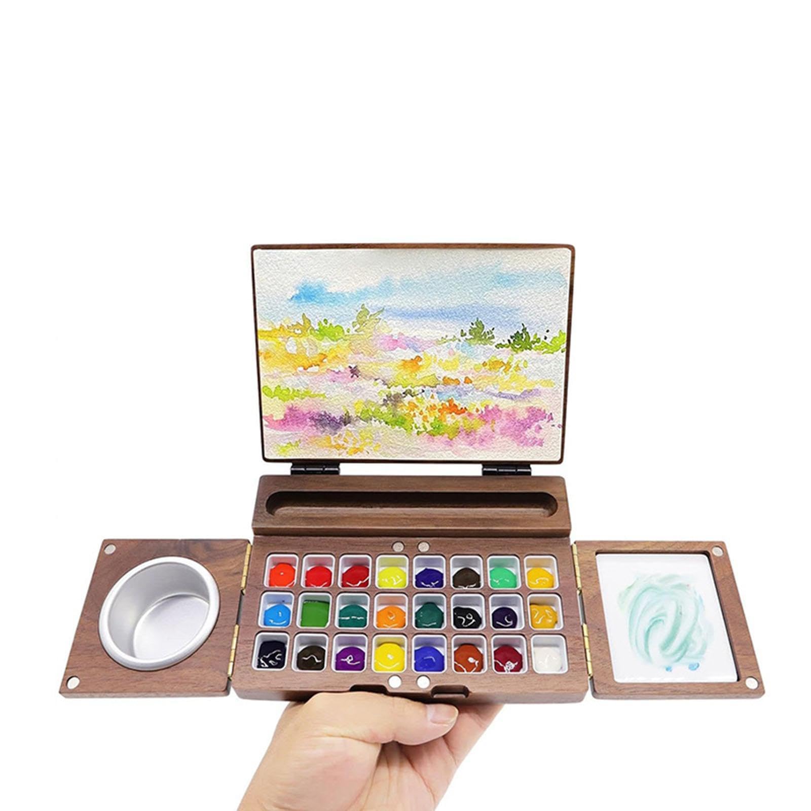 Premium Handmade Wooden Watercolor Paint Box with Mixing Palette - Artist Painting Set for Studio, Travel & Outdoor Sketching