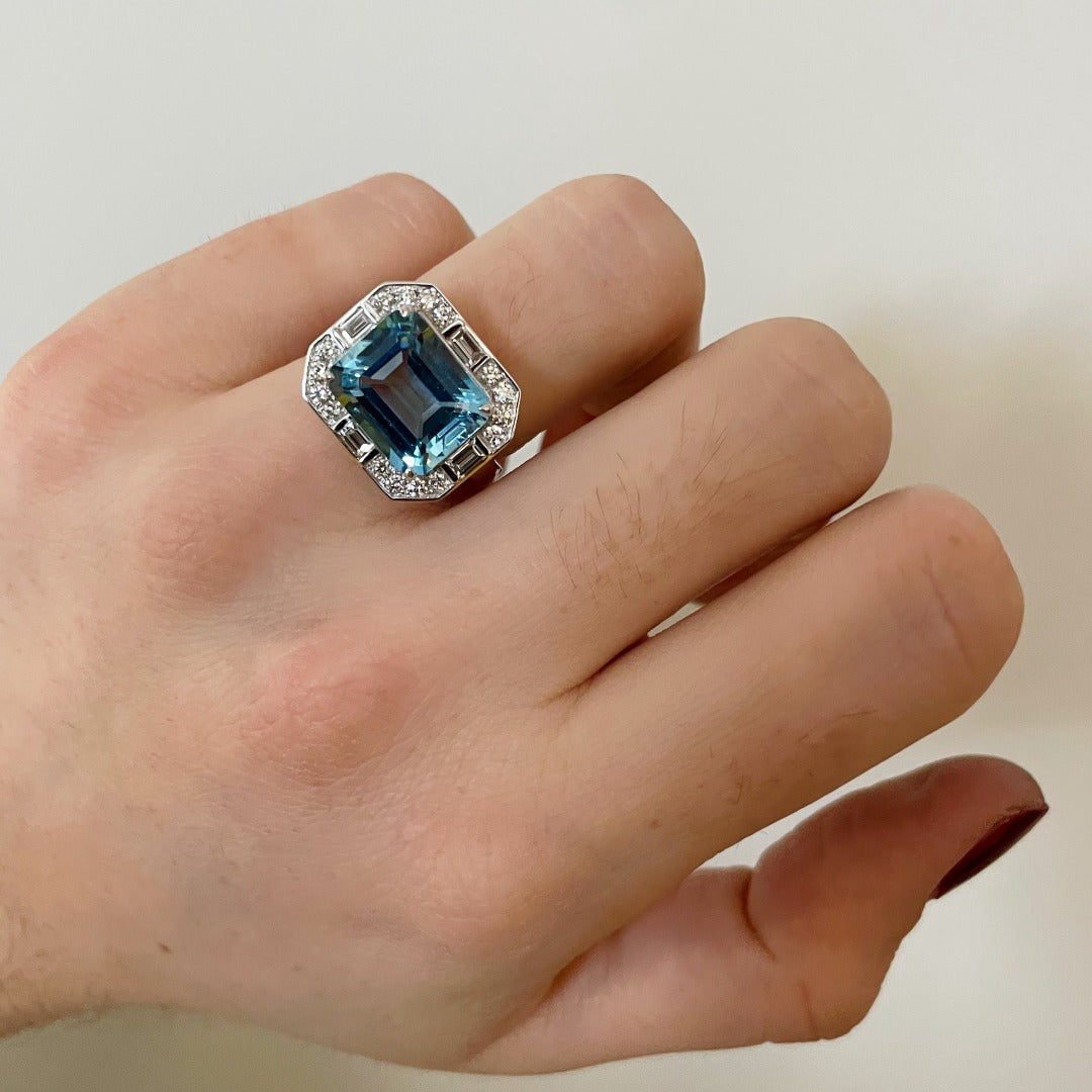 Emerald Cut Blue Topaz & Diamond 18K White Gold Ring for Women - Elegant Wedding, Engagement & Anniversary Jewelry Gift